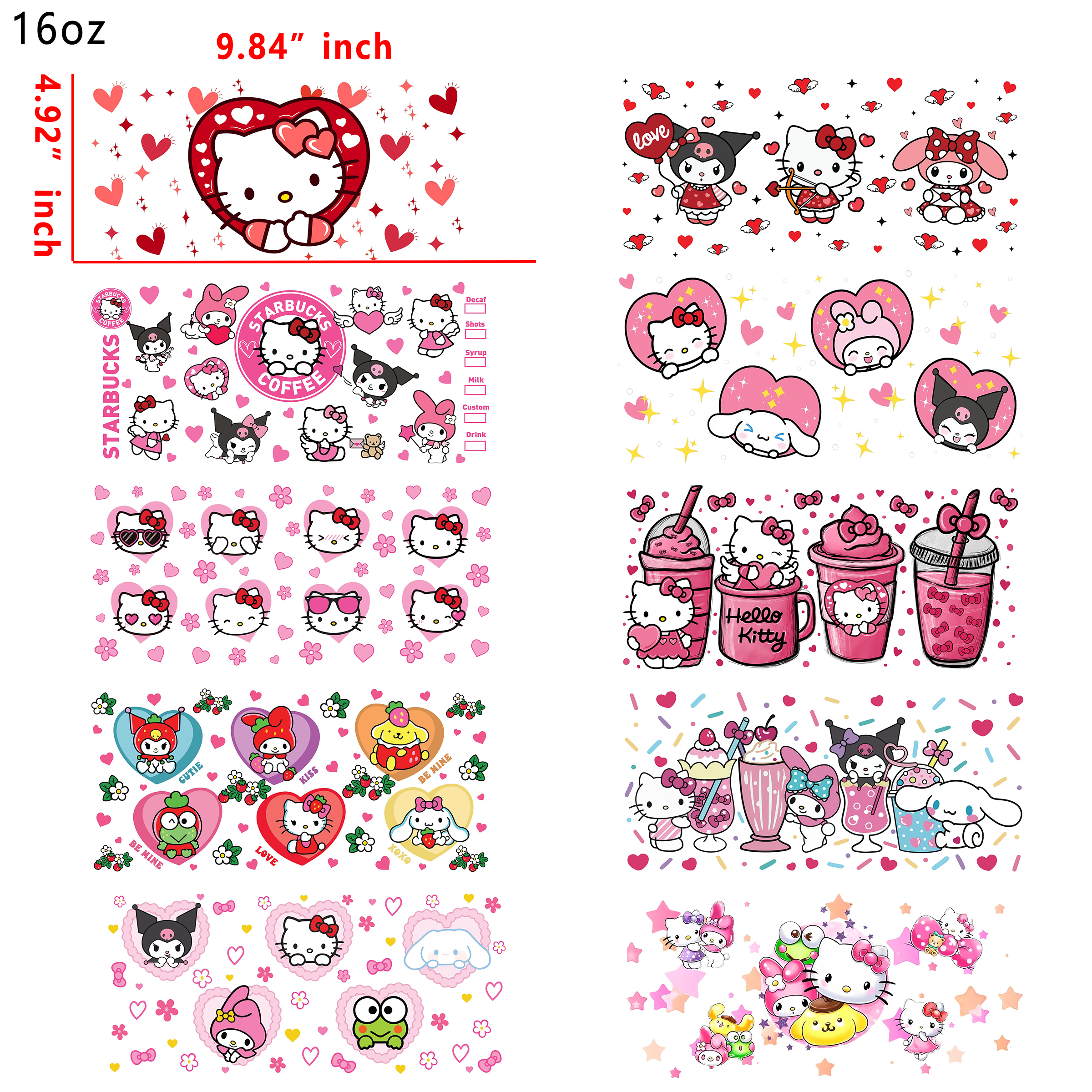 20 PCS Hello Kitty Kuromi Sanrio  Mixed UV DTF Cup wraps 16OZ tumbler water proof