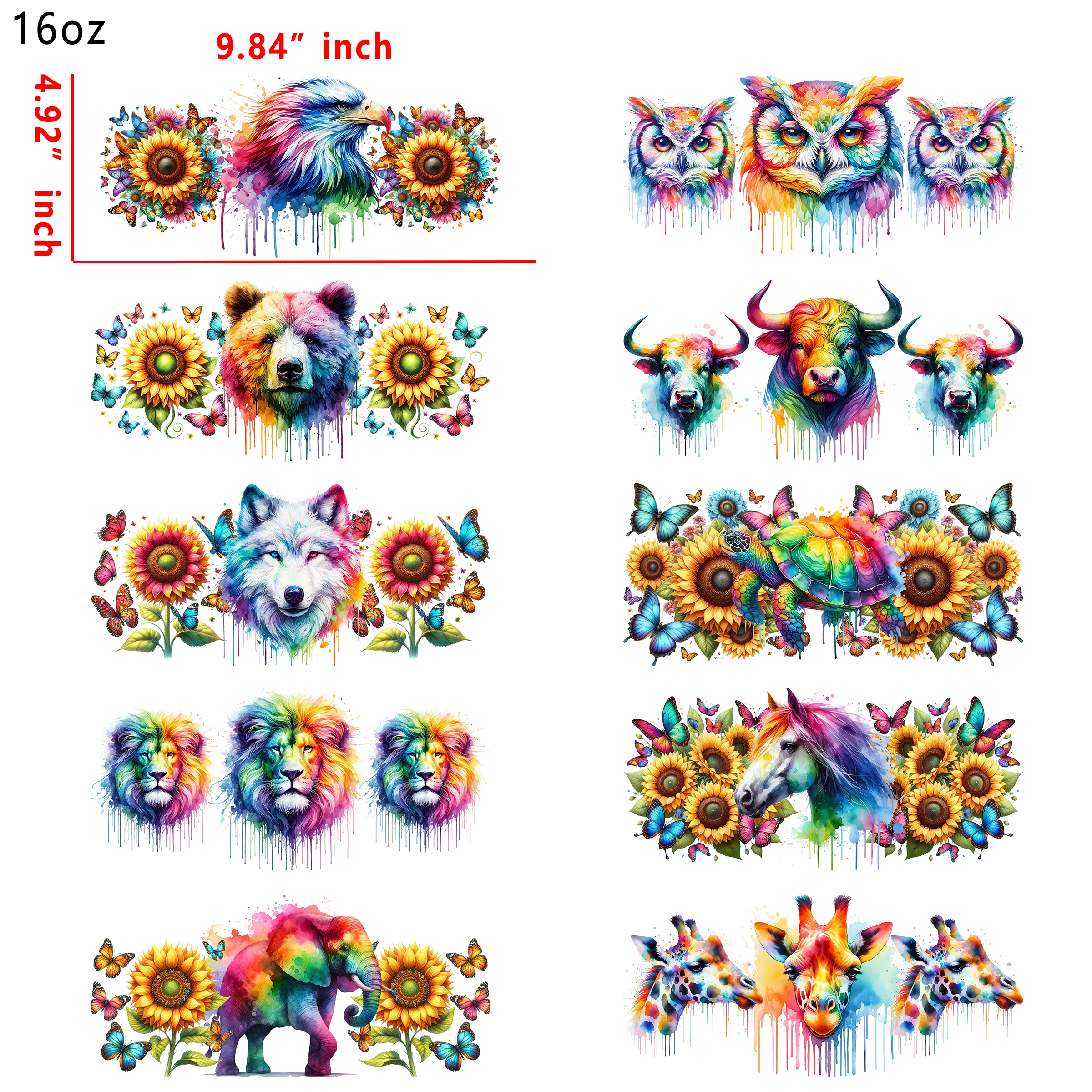 20 PCS Colorful Animal Sunflower UV DTF Cup wraps 16OZ tumbler water proof