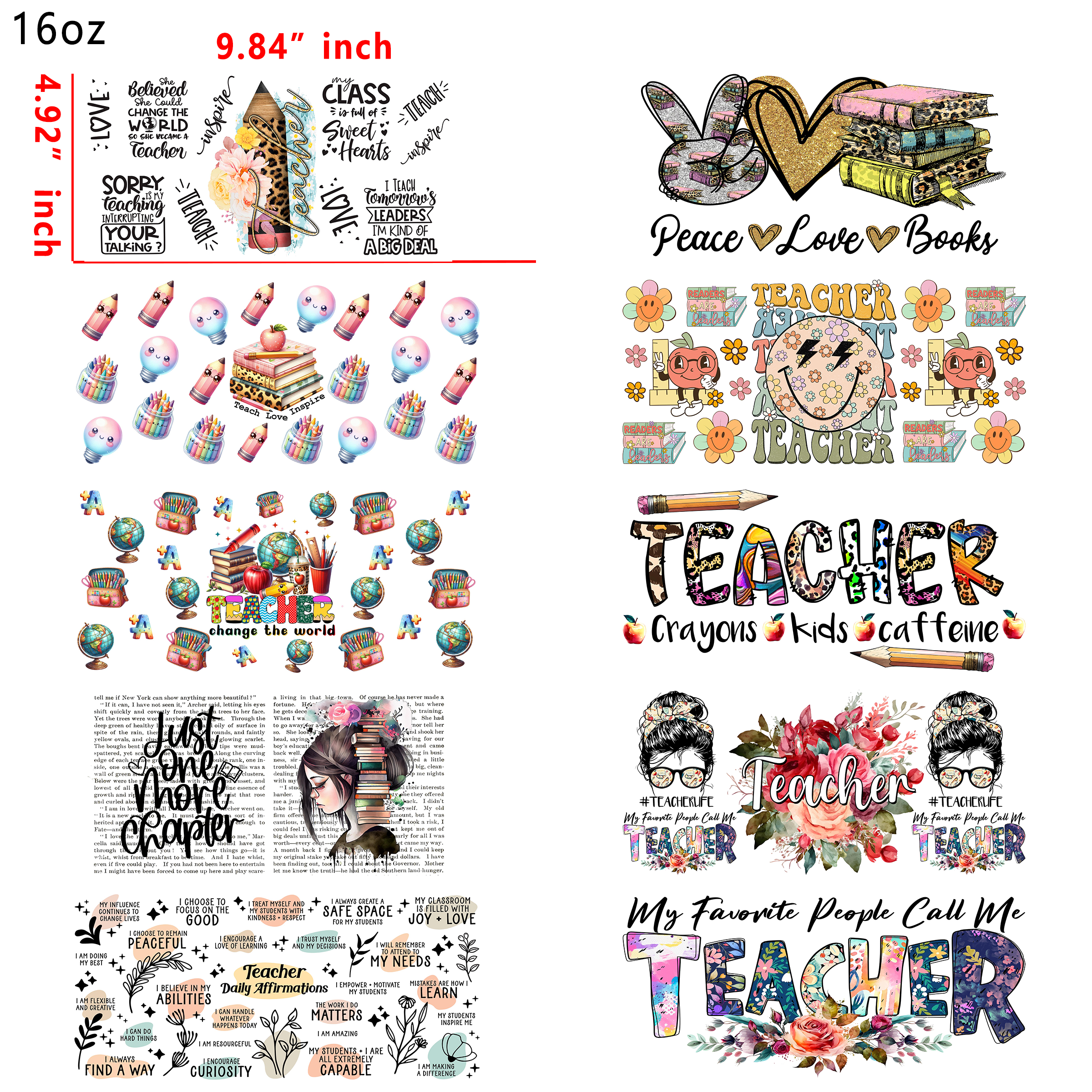 20 PCS Teacher Life UV DTF Cup wraps 16OZ tumbler water proof