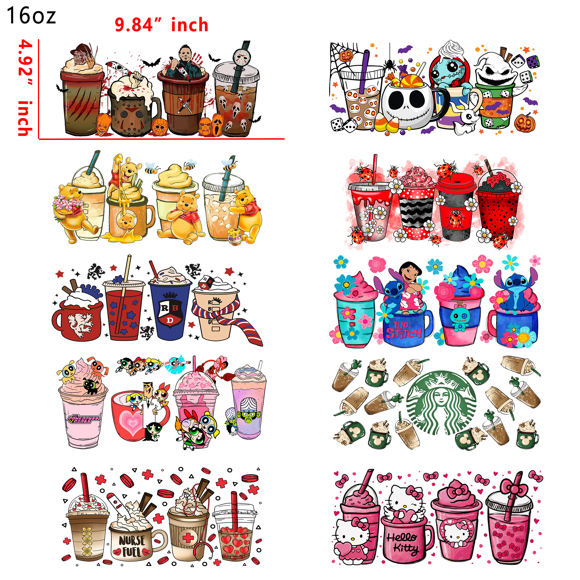 20 PCS Coffee Disney Sanrio Mixed UV DTF Cup wraps 16OZ tumbler water proof