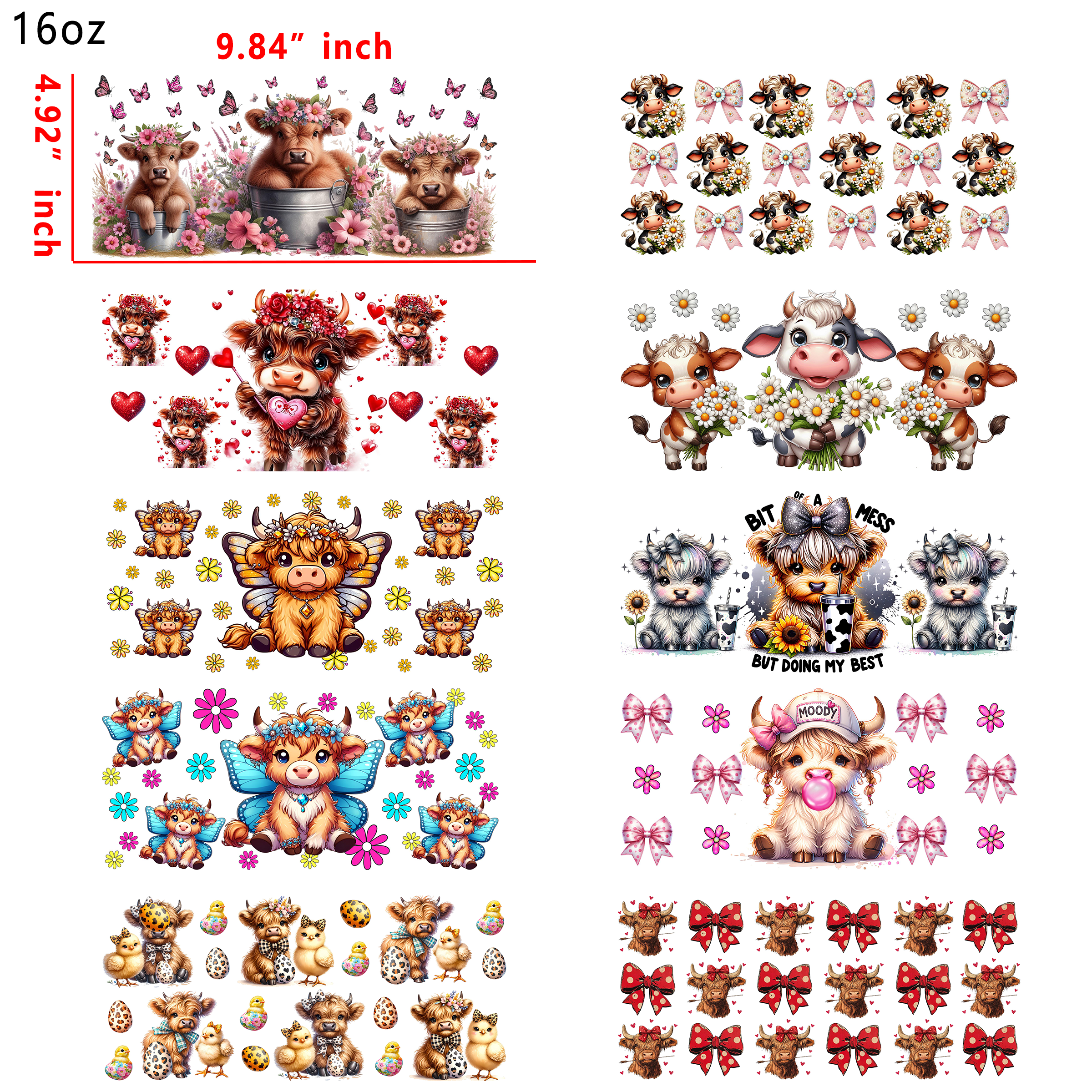 20 PCS Highland Cow Animal UV DTF Cup wraps 16OZ tumbler water proof