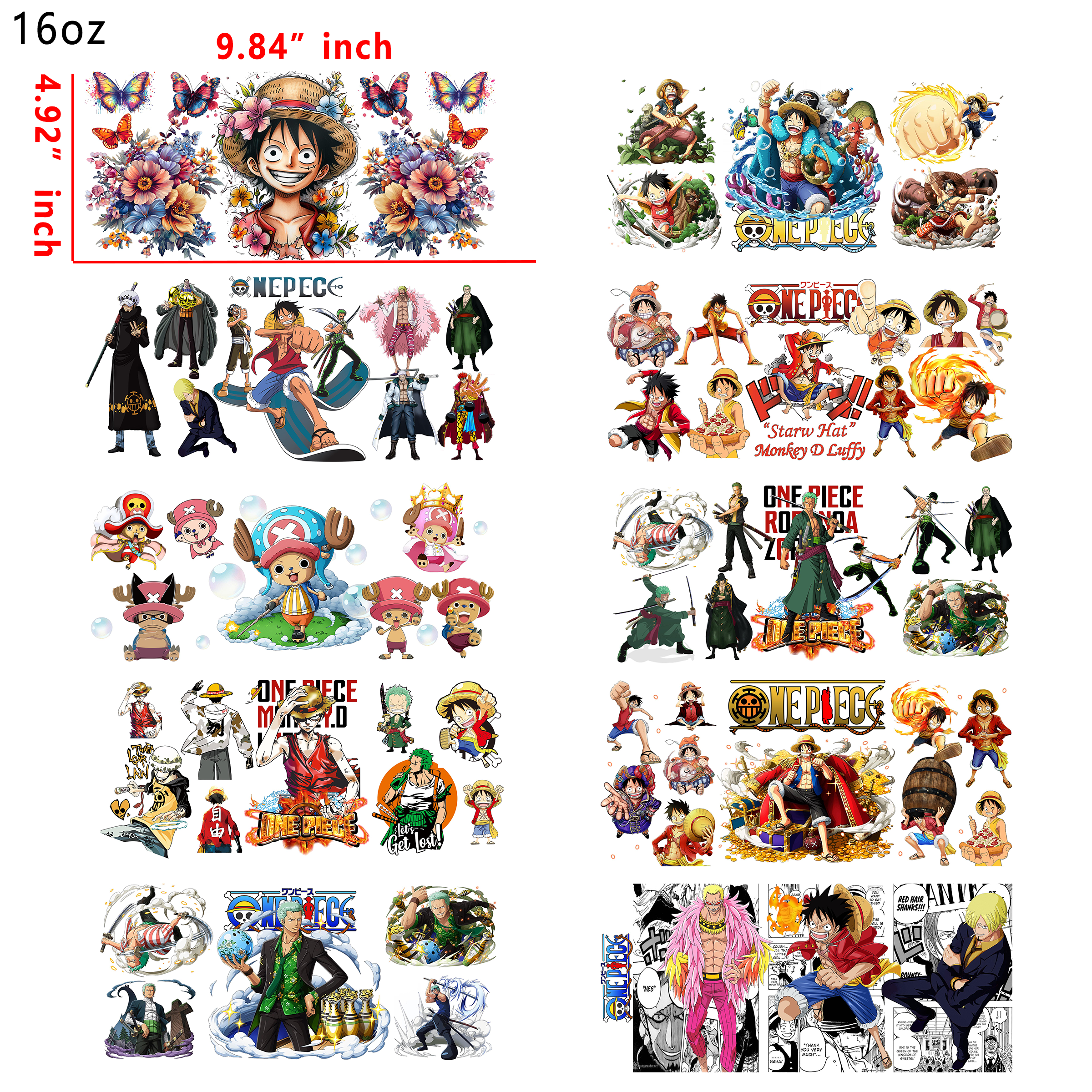 20 PCS Anime Demon Slayer One Piece UV DTF Cup wraps 16OZ tumbler water proof