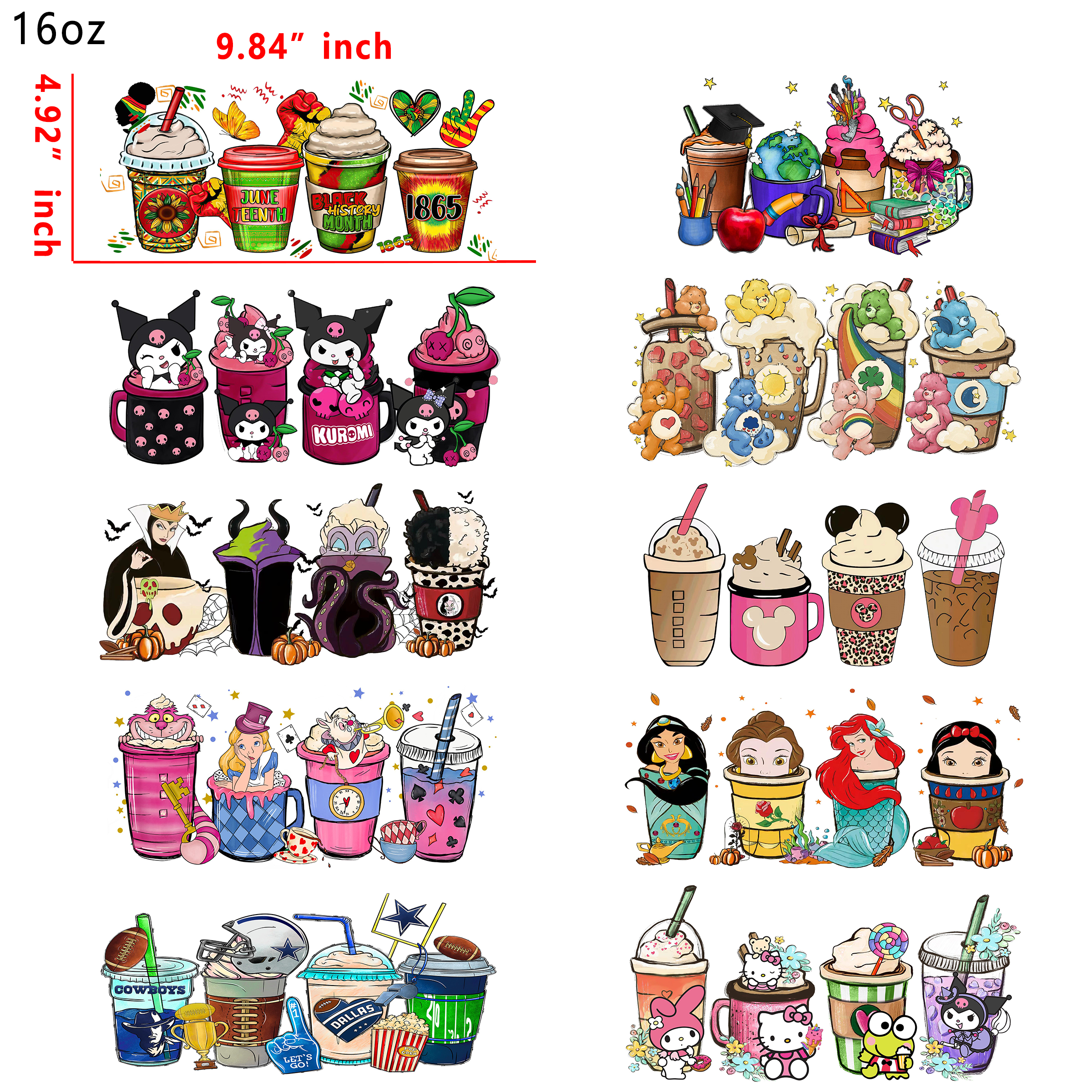 20 PCS Coffee Disney Sanrio Mixed UV DTF Cup wraps 16OZ tumbler water proof