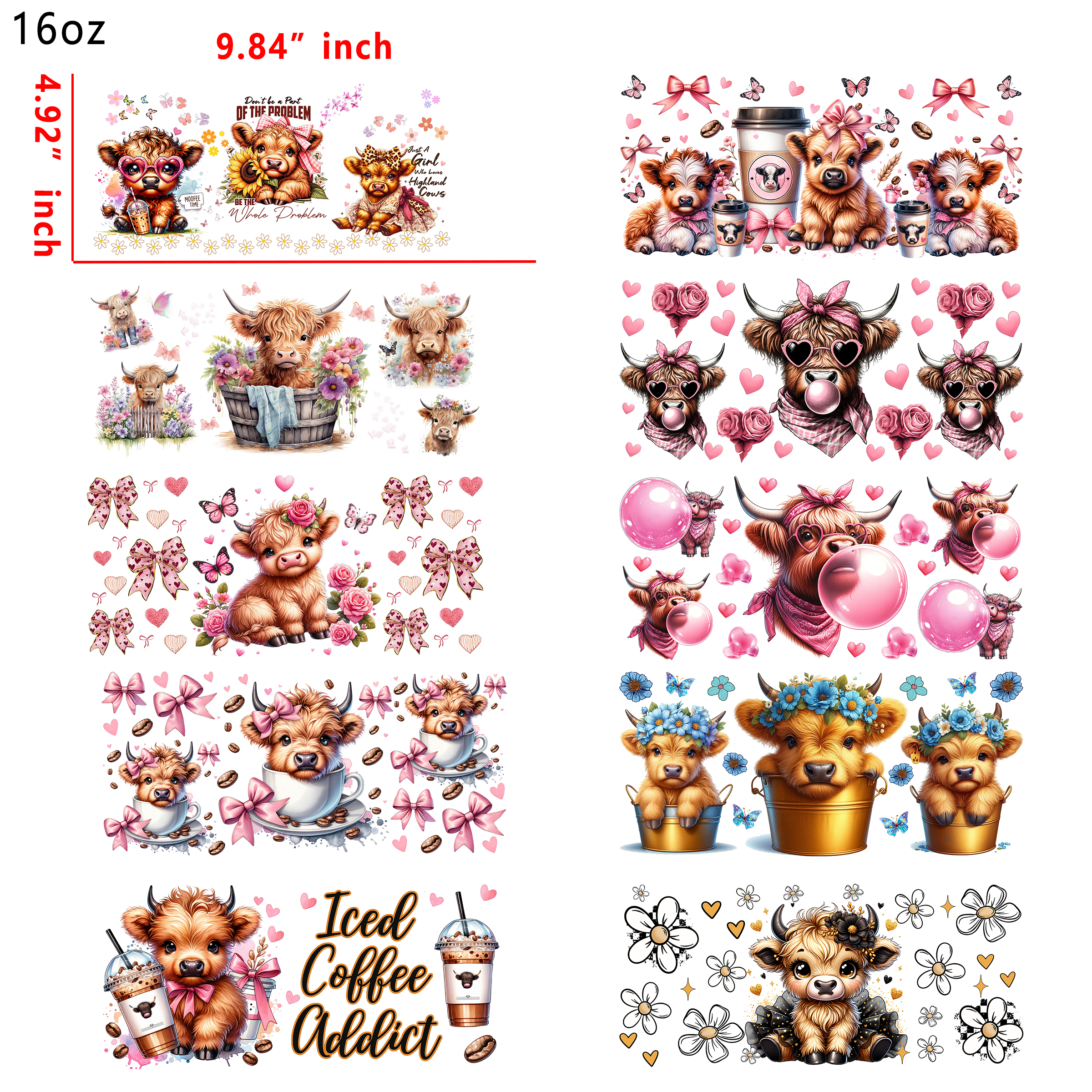 20 PCS Highland Cow Animal UV DTF Cup wraps 16OZ tumbler water proof