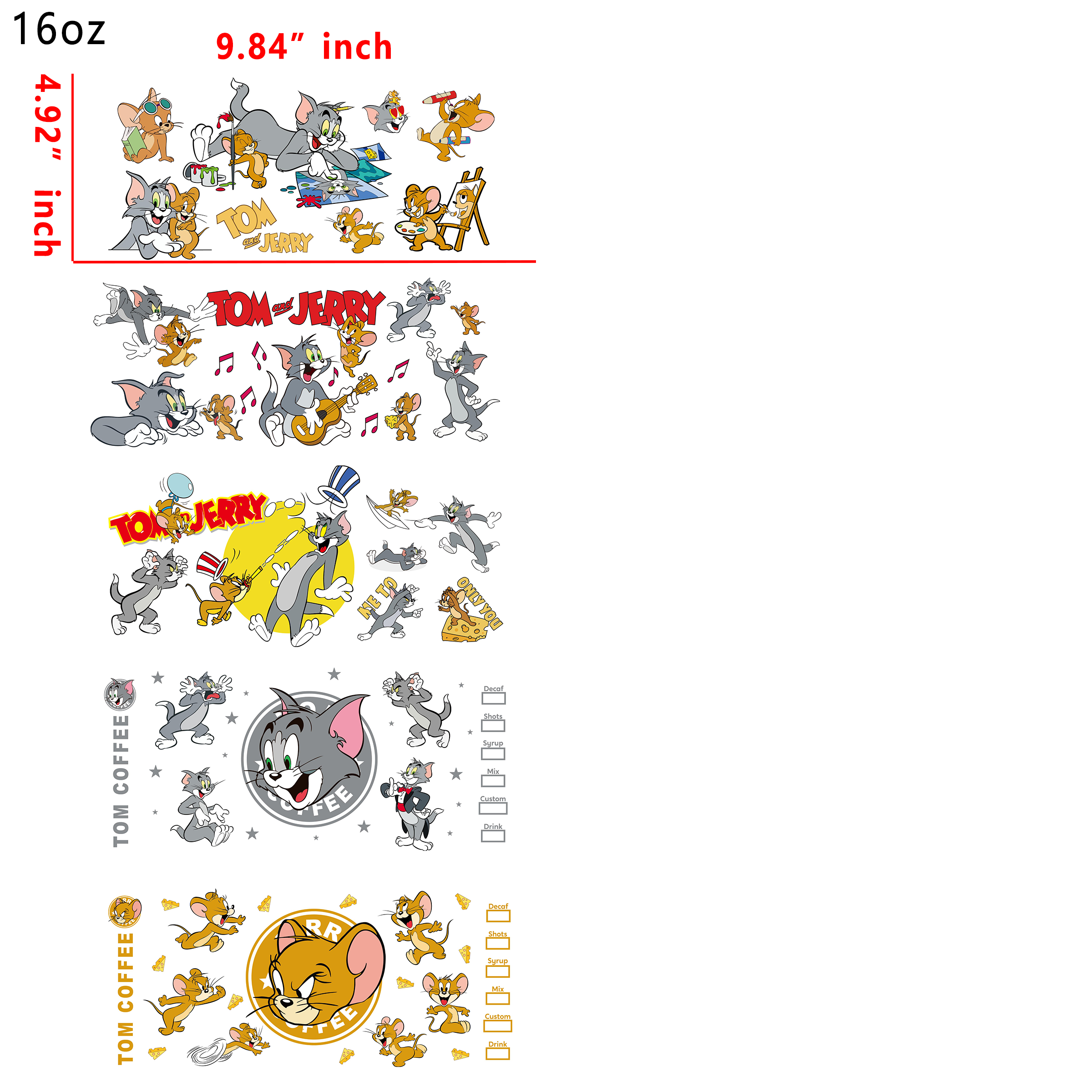 20 PCS Snoopy Tom and Jerry Cartoon UV DTF Cup wraps 16OZ tumbler water proof