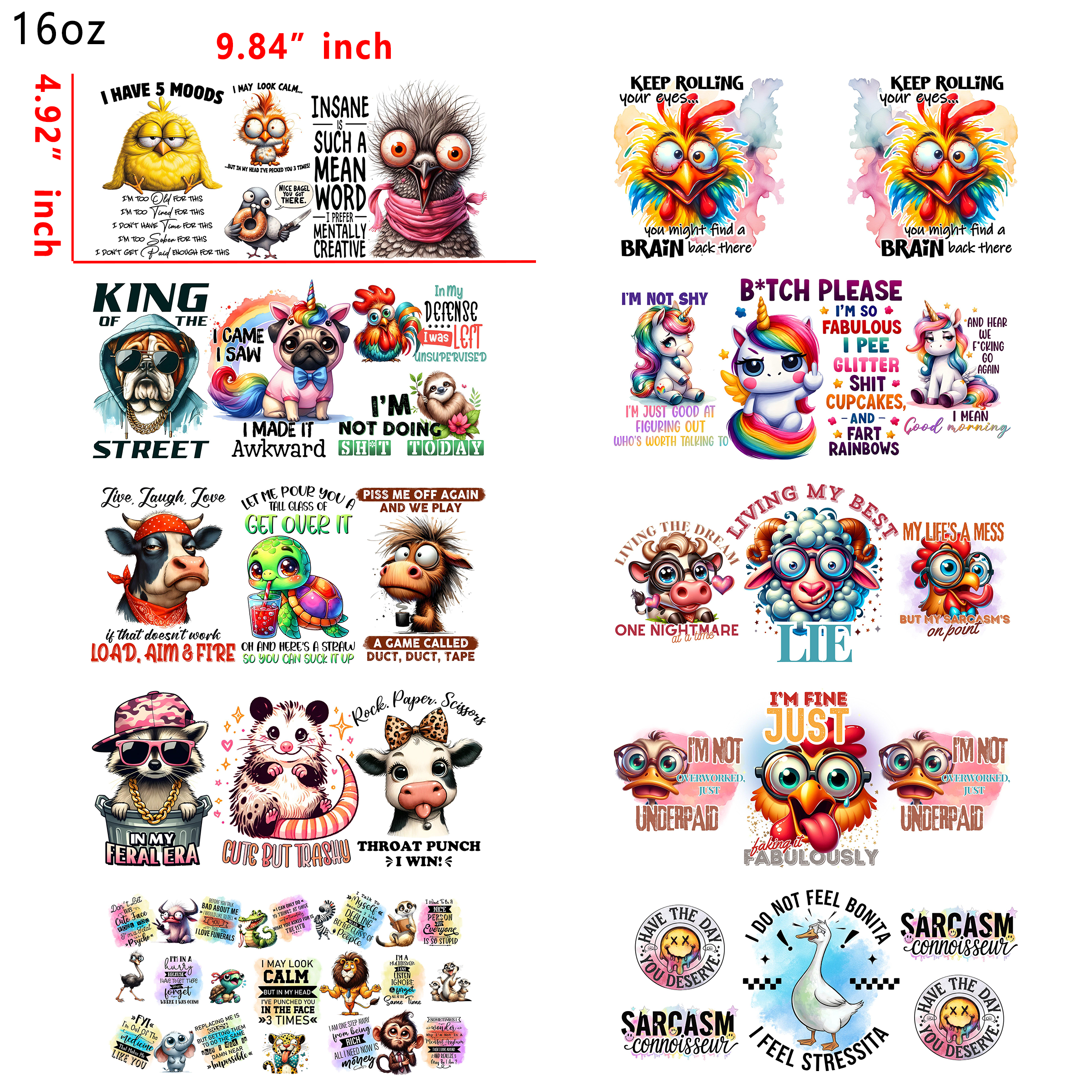 20 PCS Bad Animal Sassy Quotes UV DTF Cup wraps 16OZ tumbler water proof