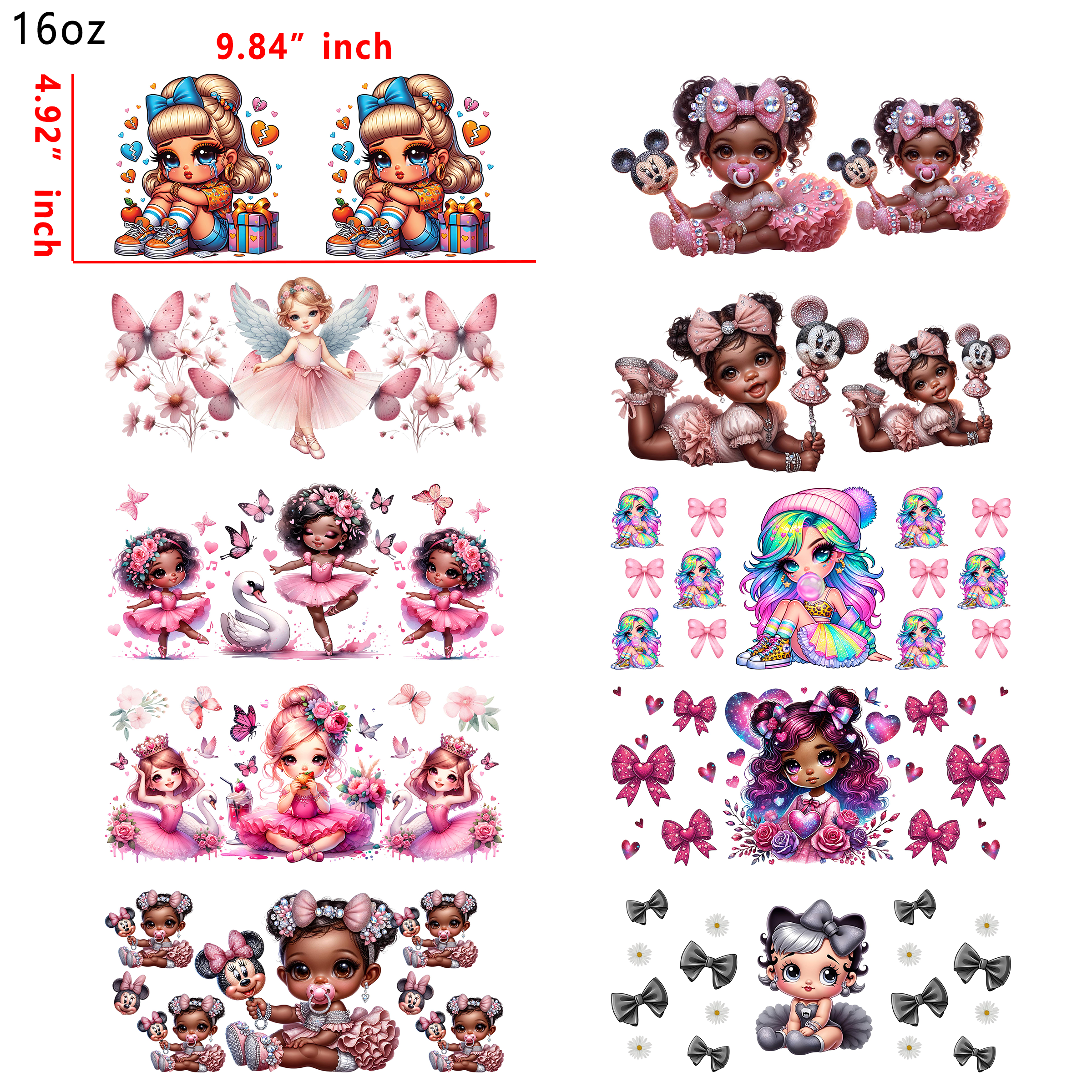 20 PCS Cute Baby Girl UV DTF Cup wraps 16OZ tumbler water proof