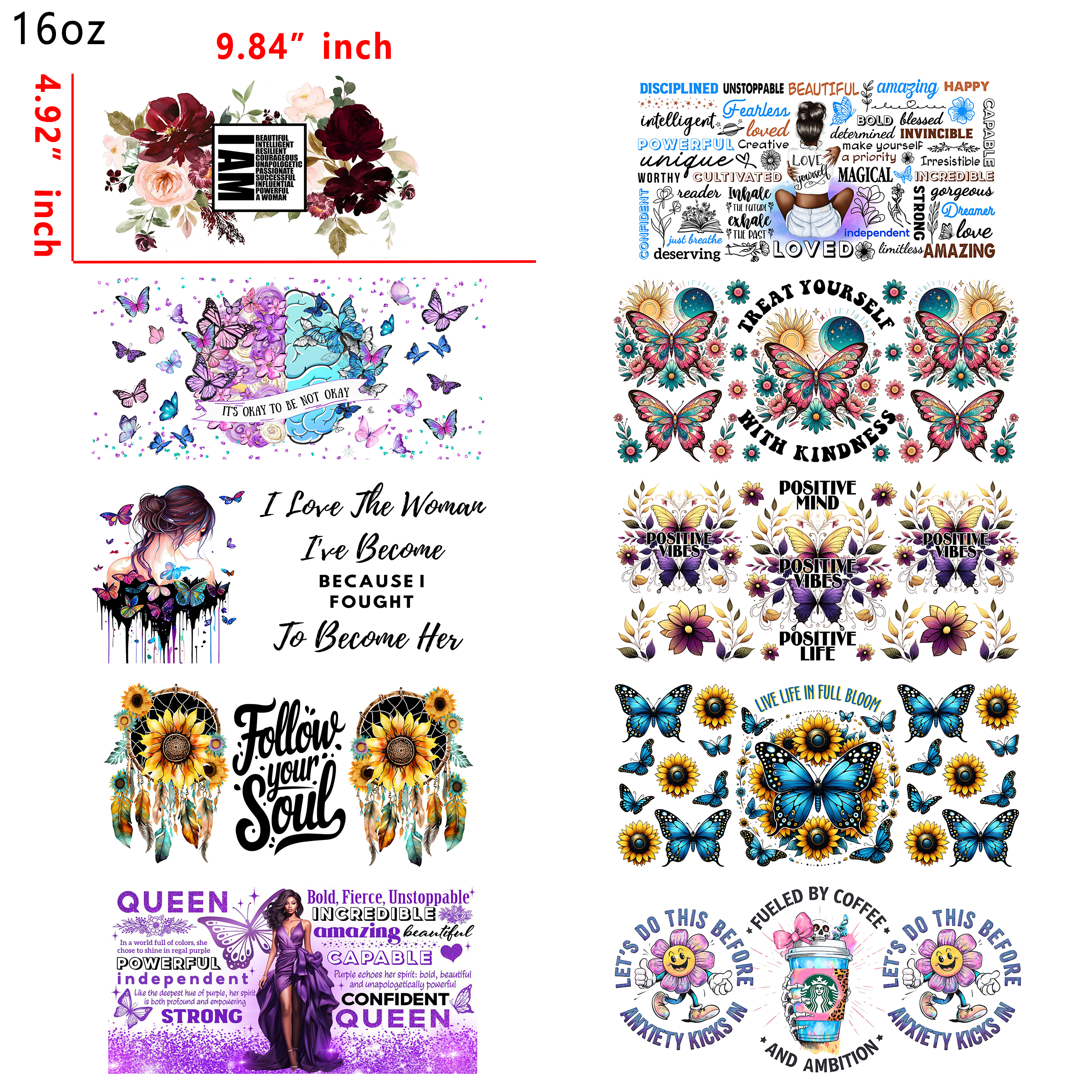 20 PCS Inspiring Positive Quotes UV DTF Cup wraps 16OZ tumbler water proof