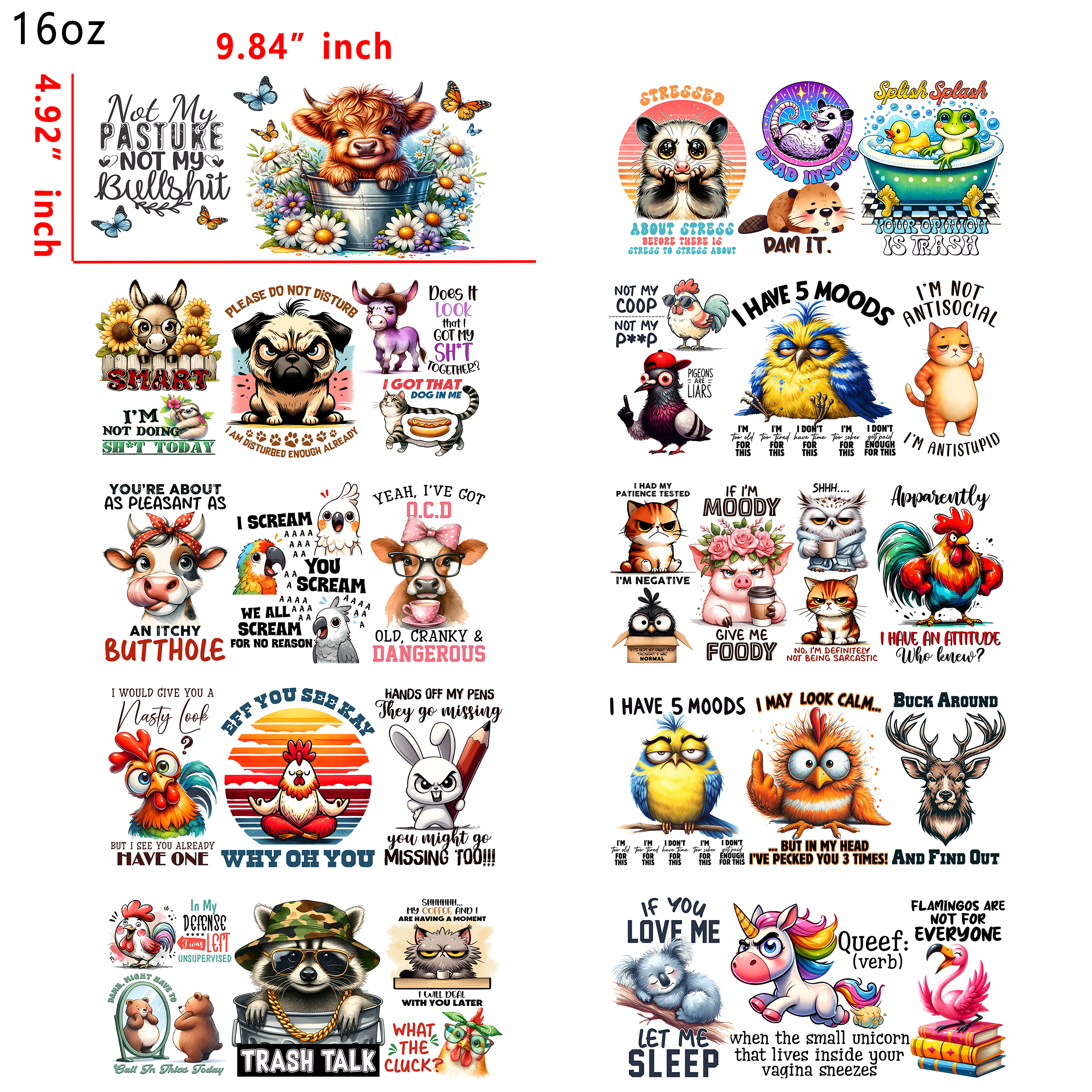 20 PCS Bad Animal Sassy Quotes UV DTF Cup wraps 16OZ tumbler water proof