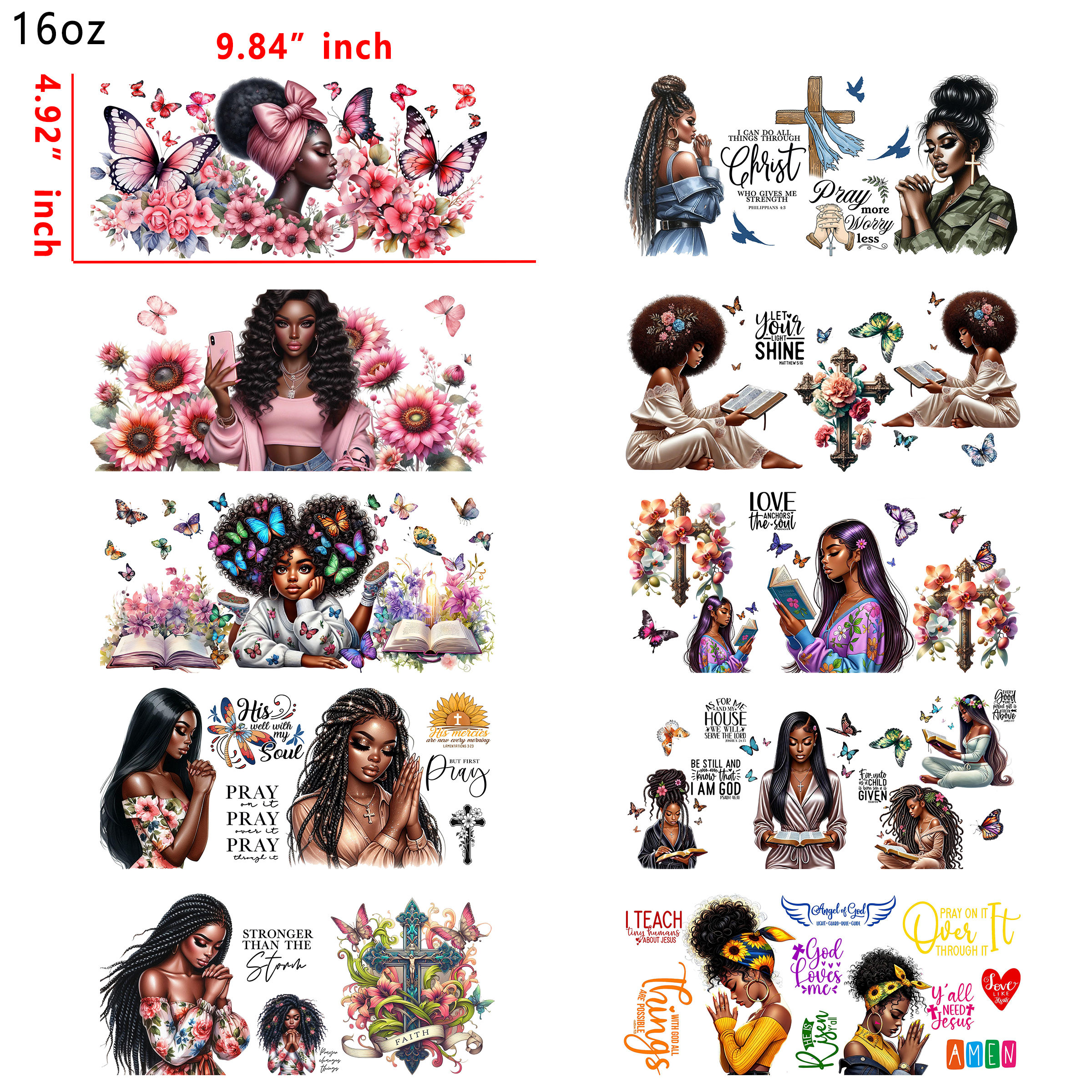 20 PCS Western Black Girl Faith Christian UV DTF Cup wraps 16OZ tumbler water proof