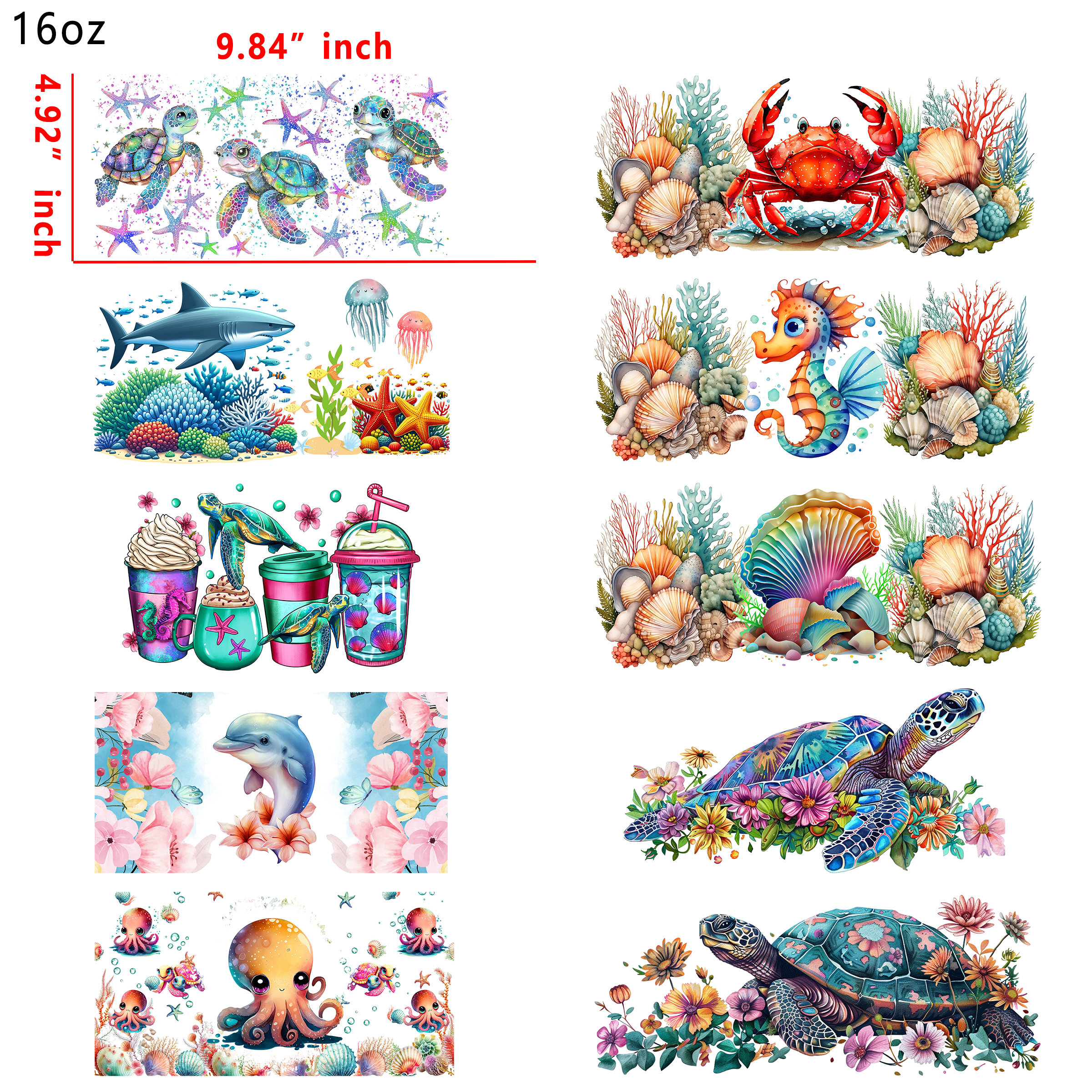 20 PCS Sea Creatures Animals Mixed UV DTF Cup wraps 16OZ tumbler water proof