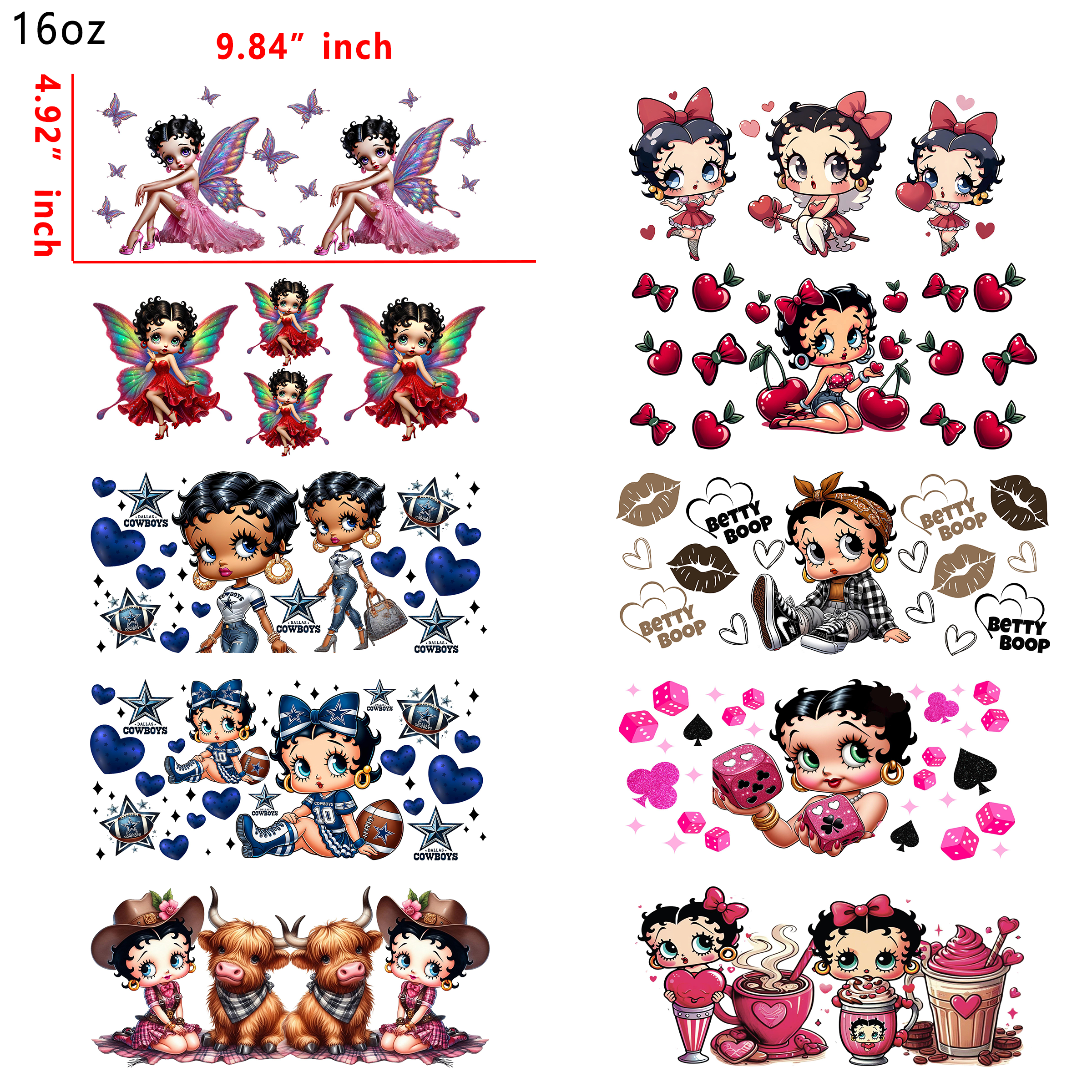 20 PCS Betty Boop Cute Girls UV DTF Cup wraps 16OZ tumbler water proof