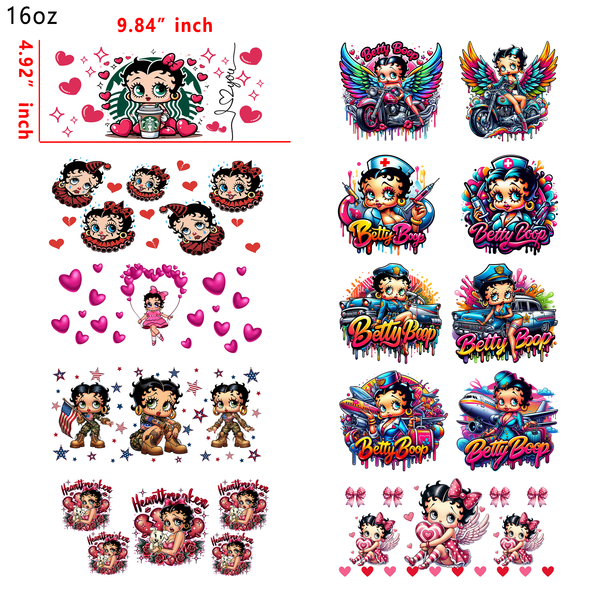 20 PCS Betty Boop Cute Girls UV DTF Cup wraps 16OZ tumbler water proof