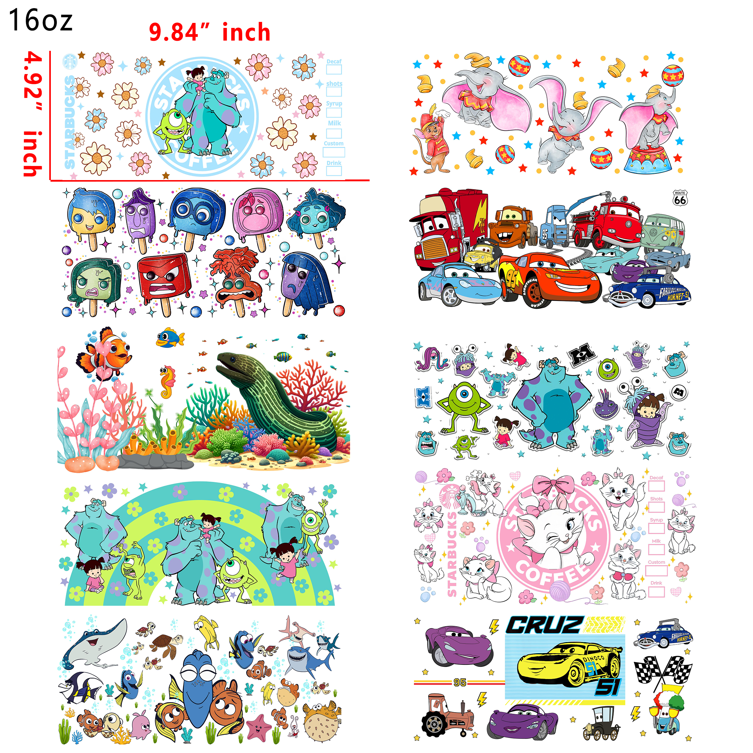 20 PCS Cars Inside Out Monster Inc Movie Mixed UV DTF Cup wraps 16OZ tumbler water proof