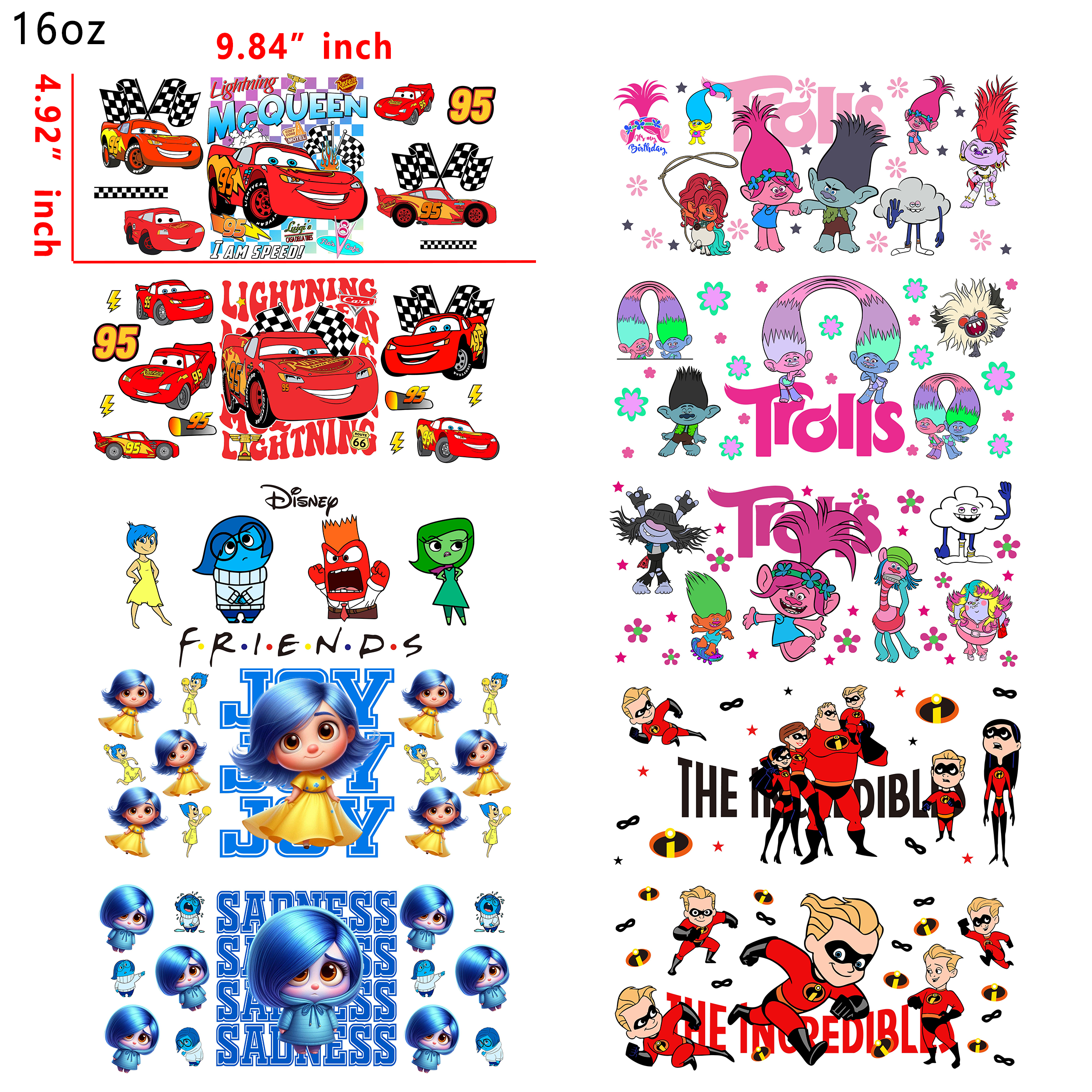 20 PCS Cars Inside Out Monster Inc Movie Mixed UV DTF Cup wraps 16OZ tumbler water proof