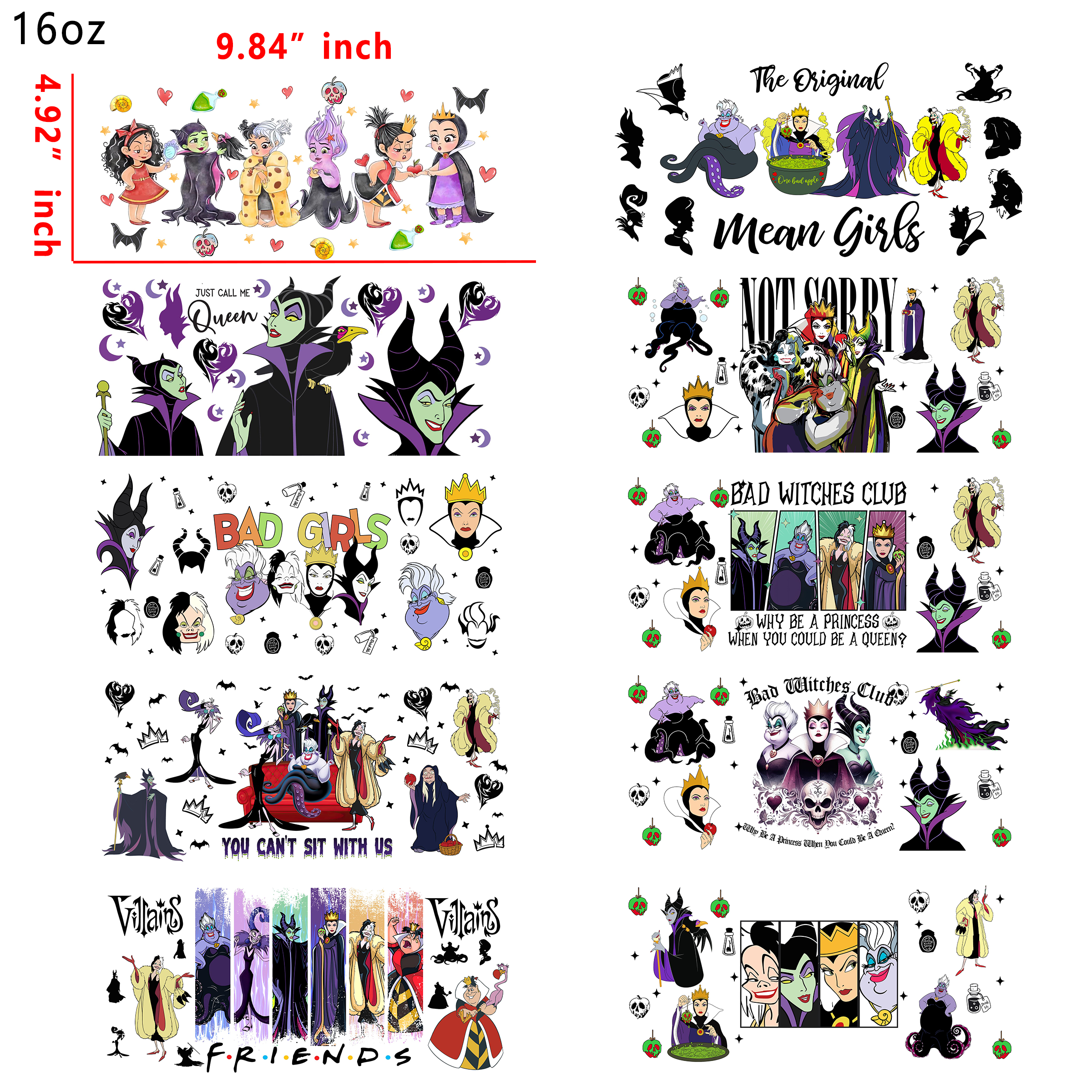 20 PCS Disney Villains Wicked Mixed UV DTF Cup wraps 16OZ tumbler water proof