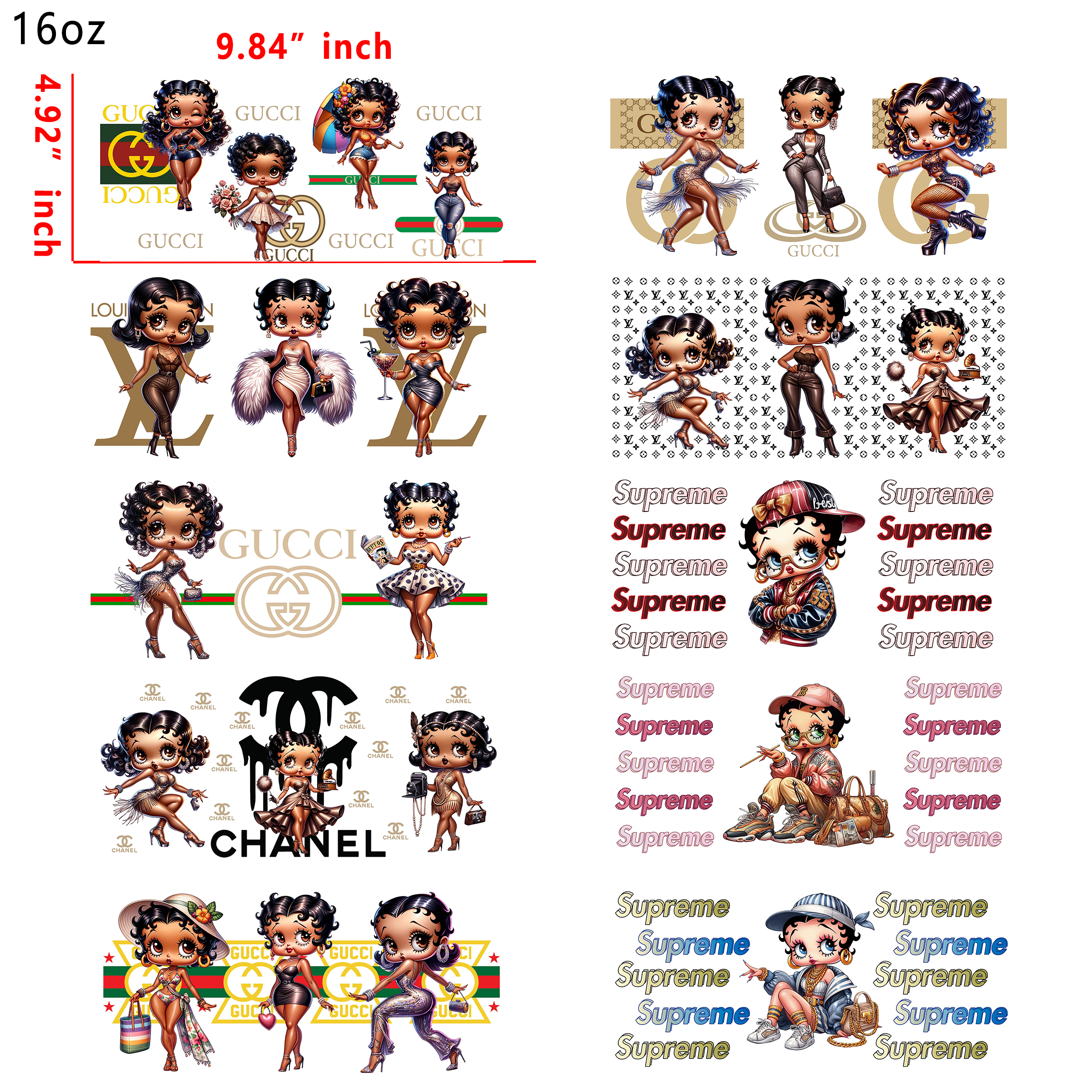 20 PCS Designer Betty Boop Brand Mixed UV DTF Cup wraps 16OZ tumbler water proof