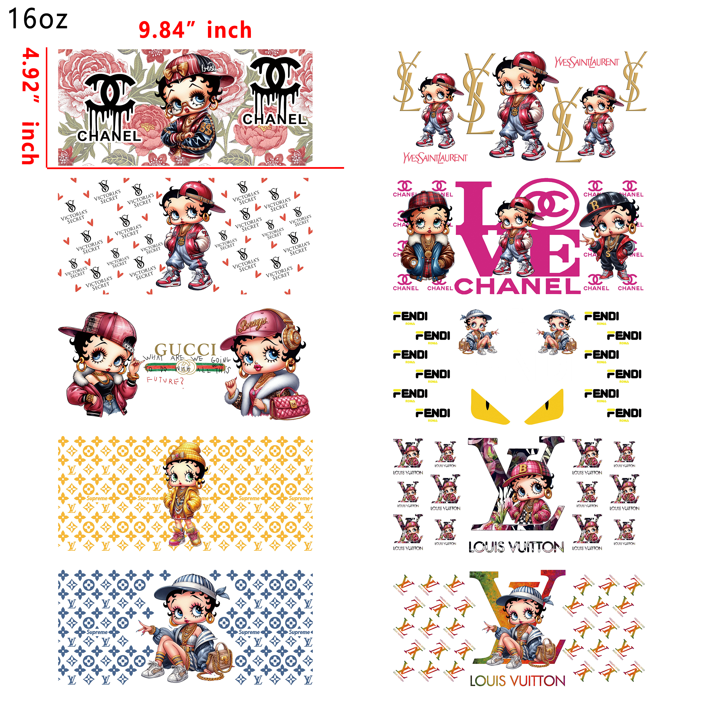 20 PCS Designer Betty Boop Brand Mixed UV DTF Cup wraps 16OZ tumbler water proof