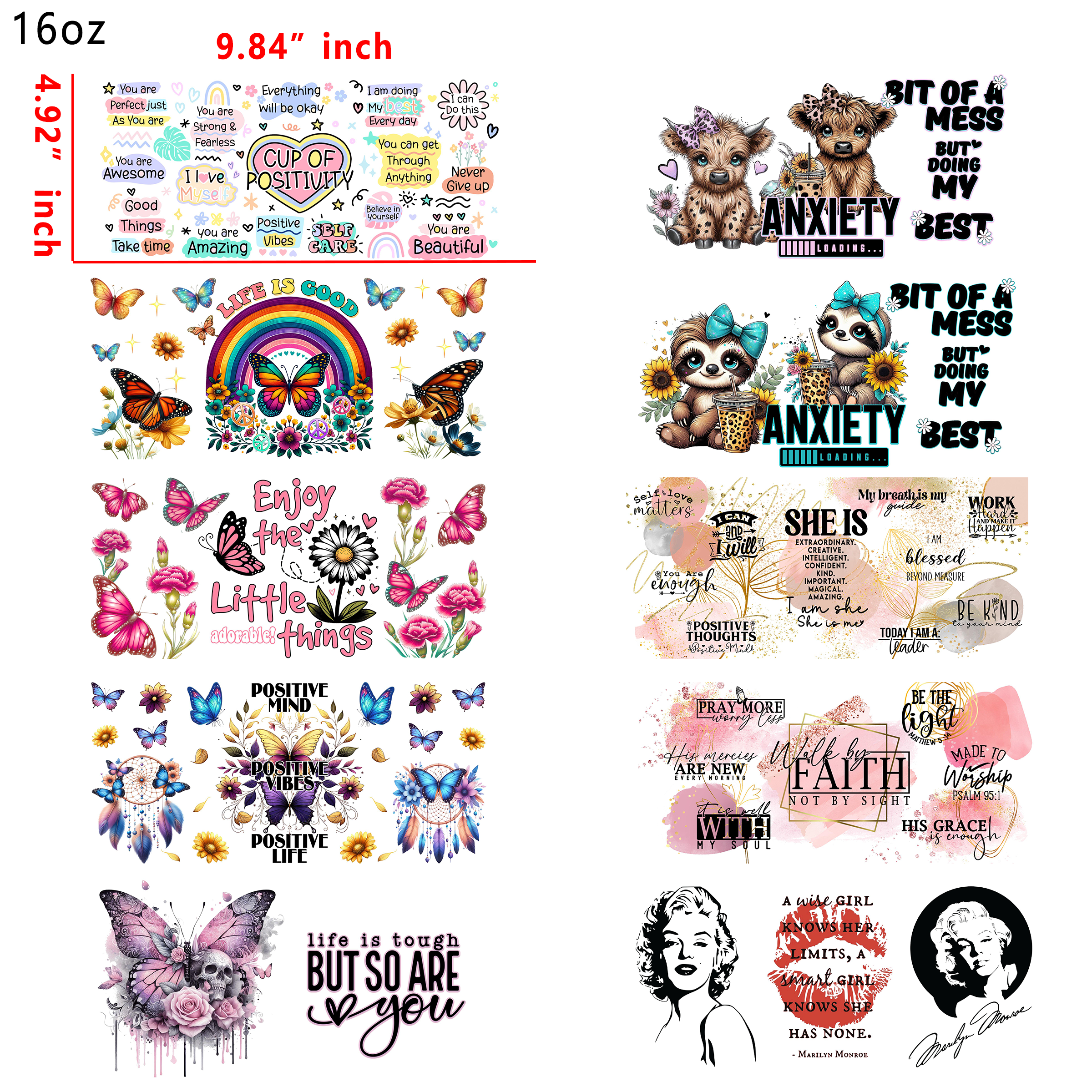 20 PCS Inspiring Positive Quotes UV DTF Cup wraps 16OZ tumbler water proof