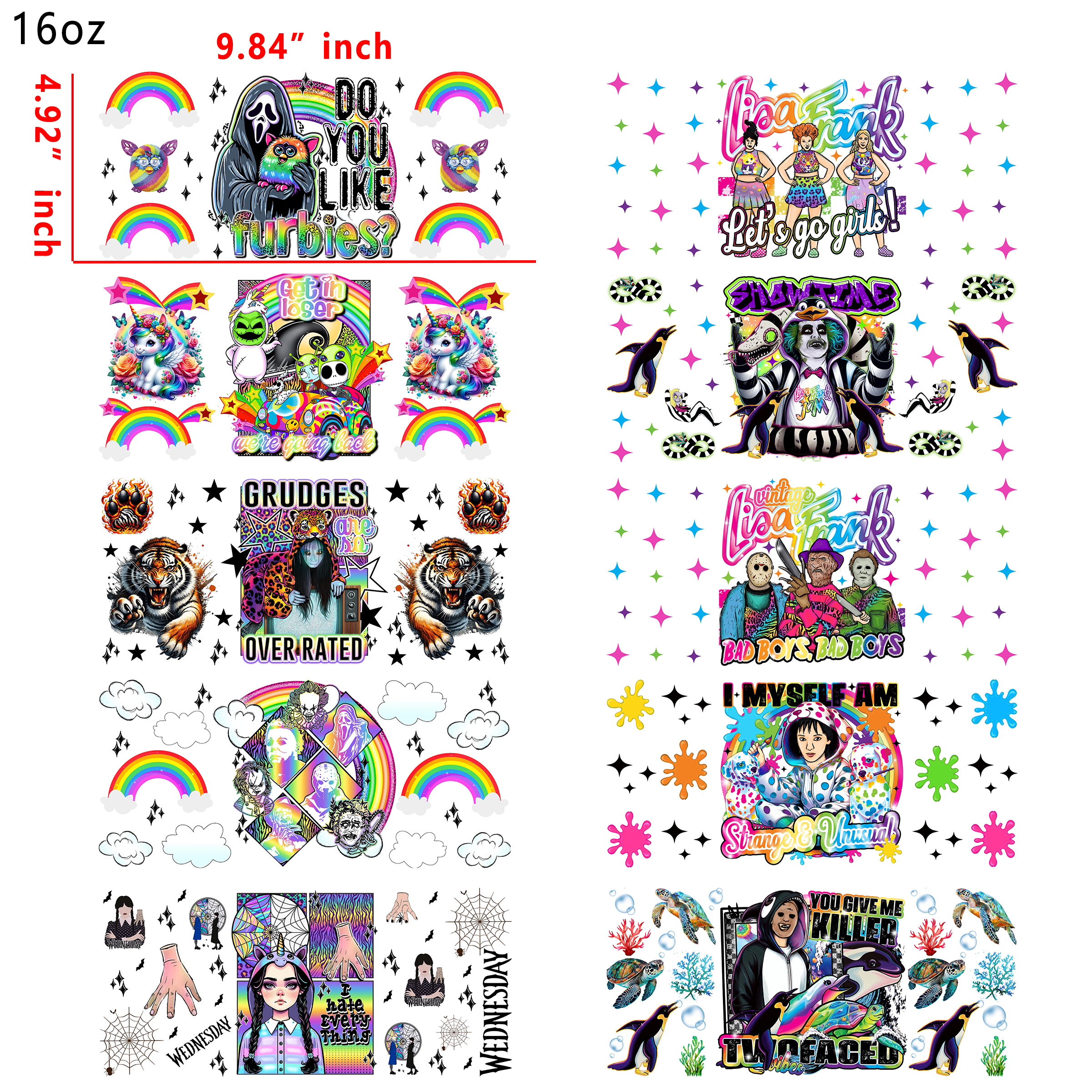 20 PCS Lisa Frank Horror Movie Mixed UV DTF Cup wraps 16OZ tumbler water proof