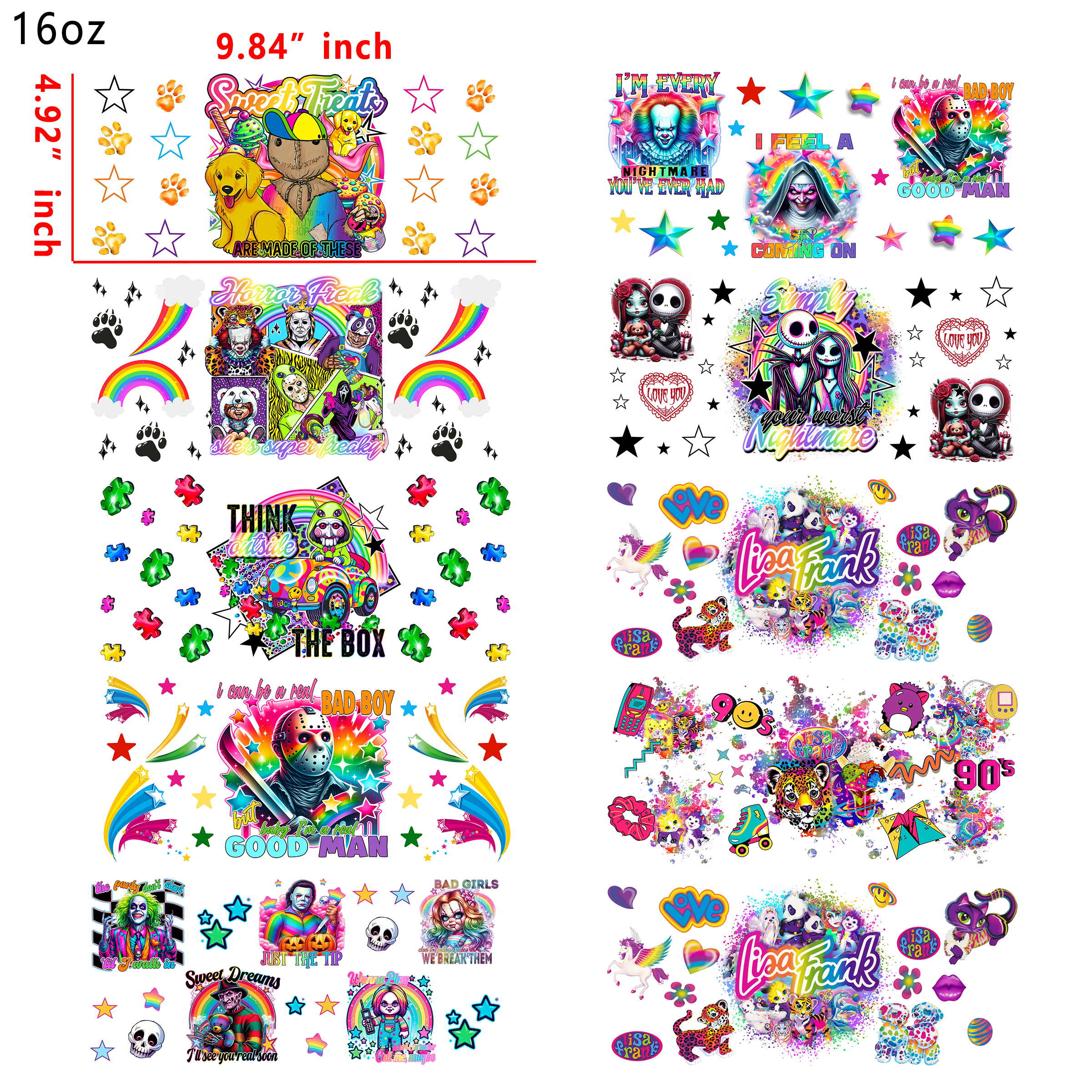 20 PCS Lisa Frank Horror Movie Mixed UV DTF Cup wraps 16OZ tumbler water proof