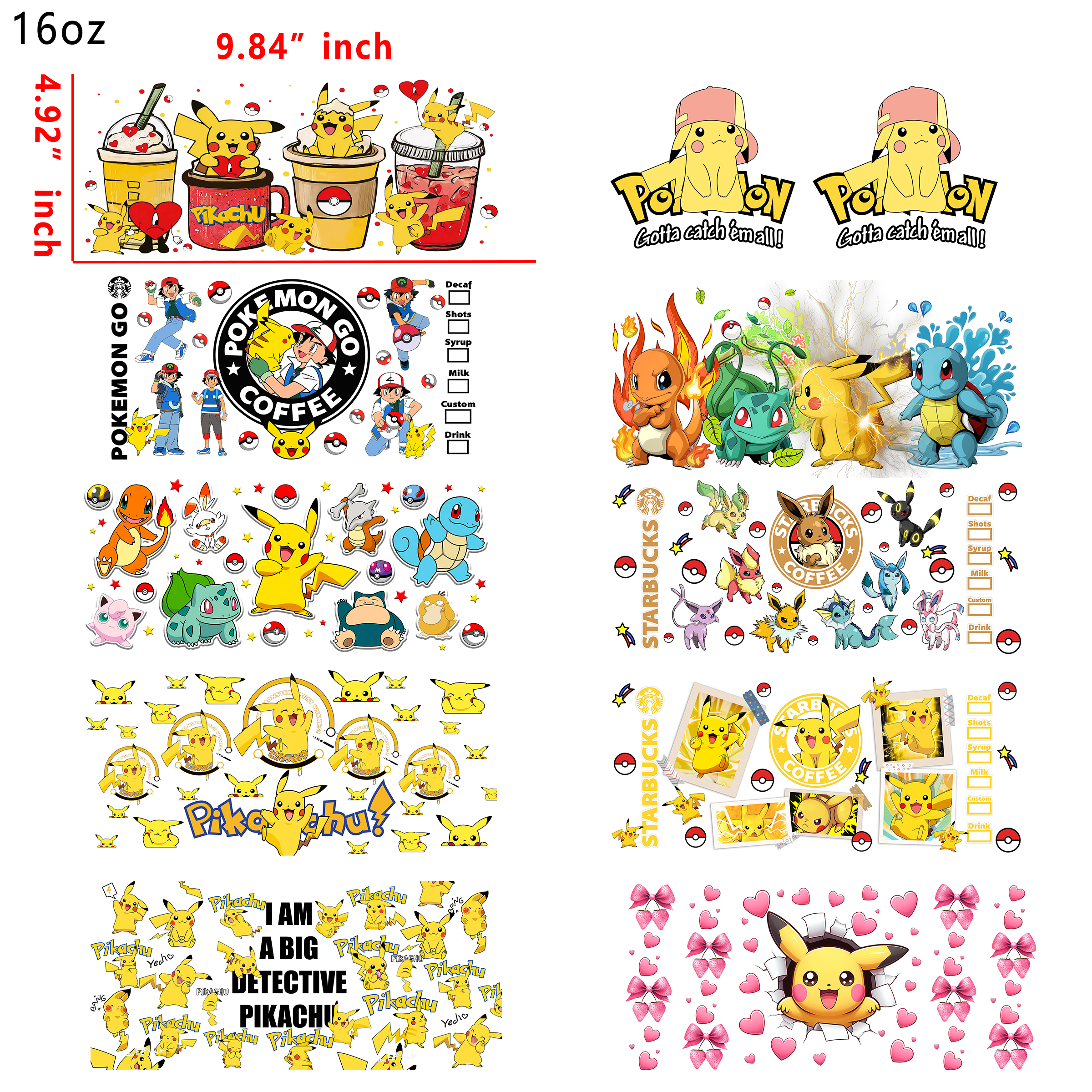 20 PCS Pokemon Pikachoo Anime Mixed UV DTF Cup wraps 16OZ tumbler water proof