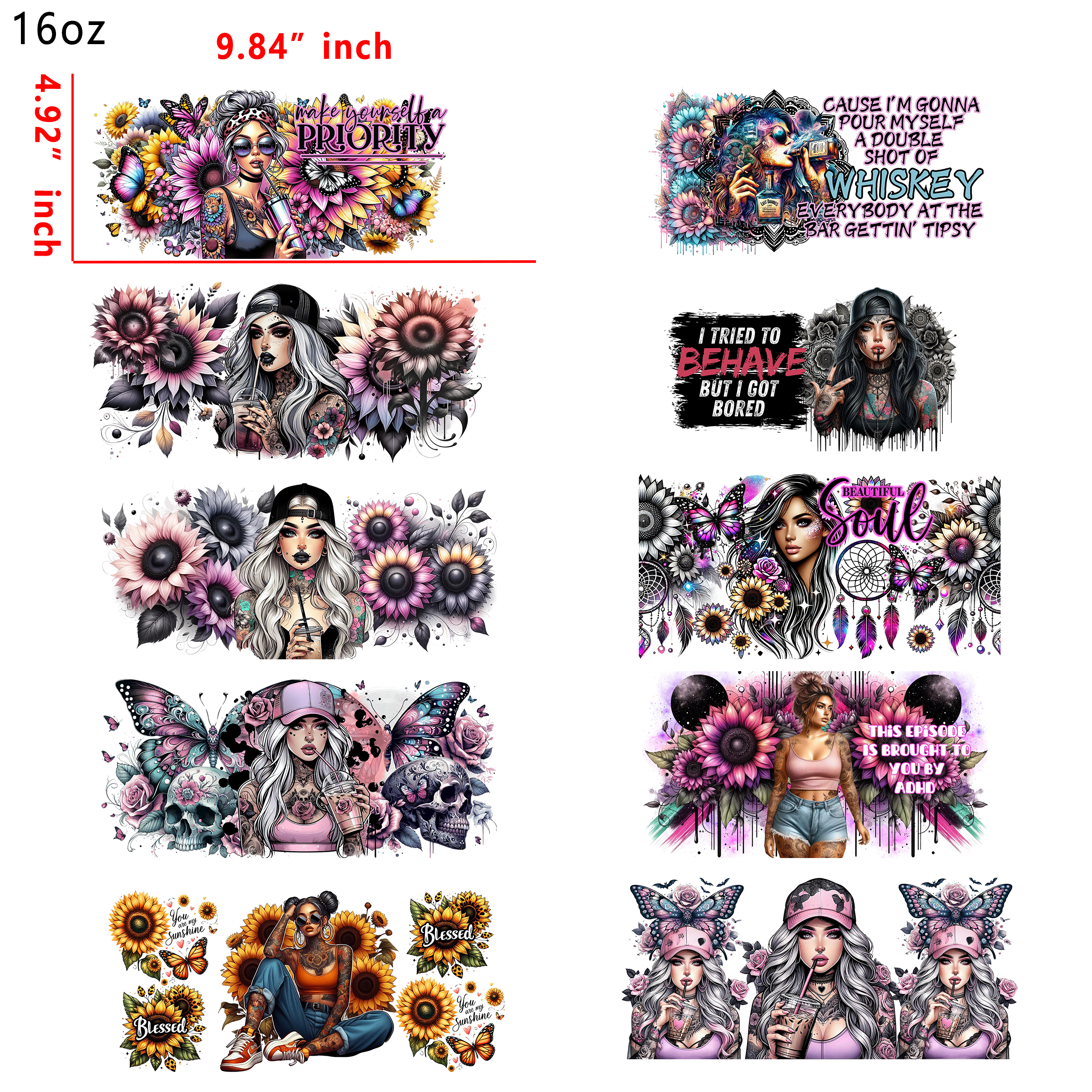 20 PCS Tattoo Girl DTF Cup wraps 16OZ tumbler water proof