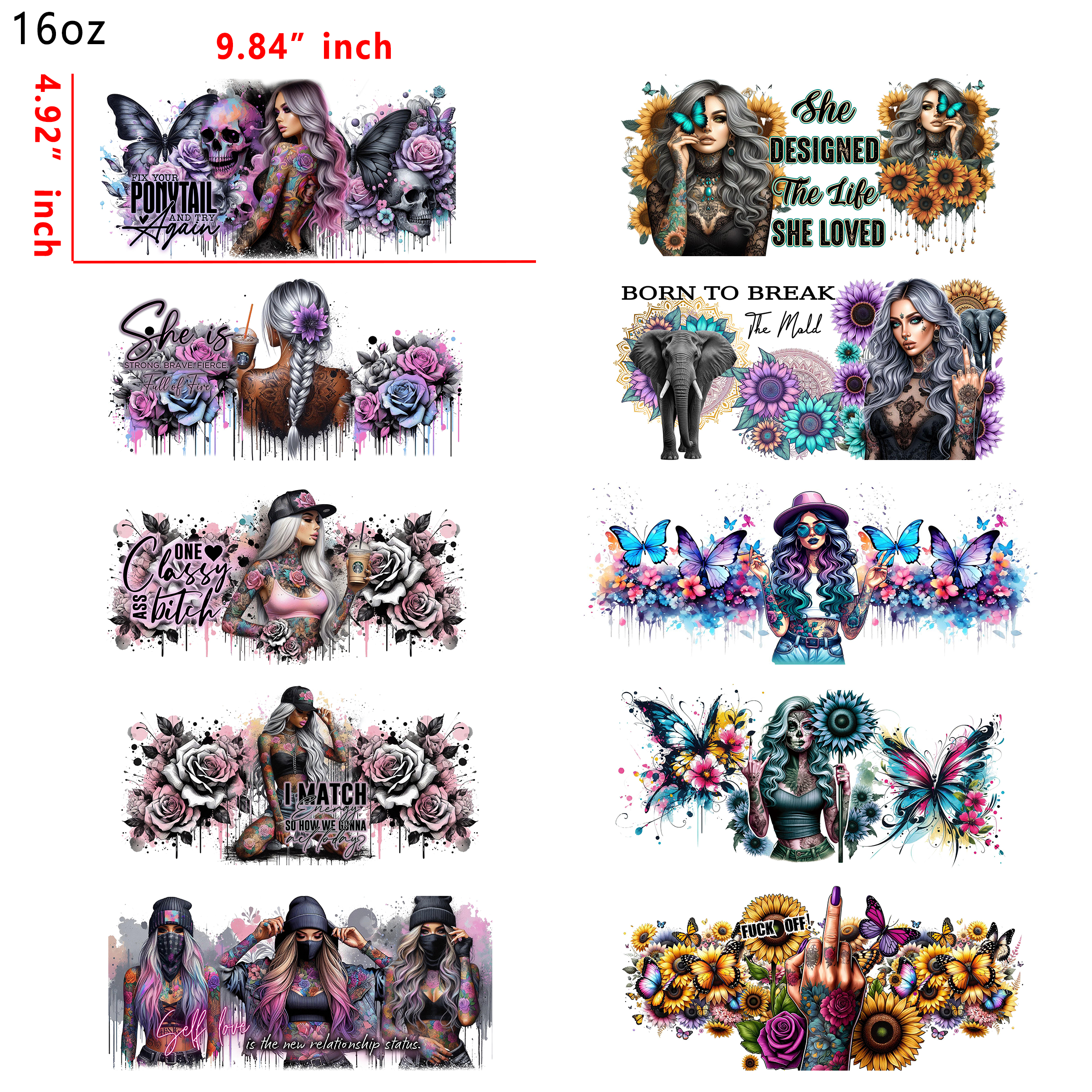 20 PCS Tattoo Girl DTF Cup wraps 16OZ tumbler water proof