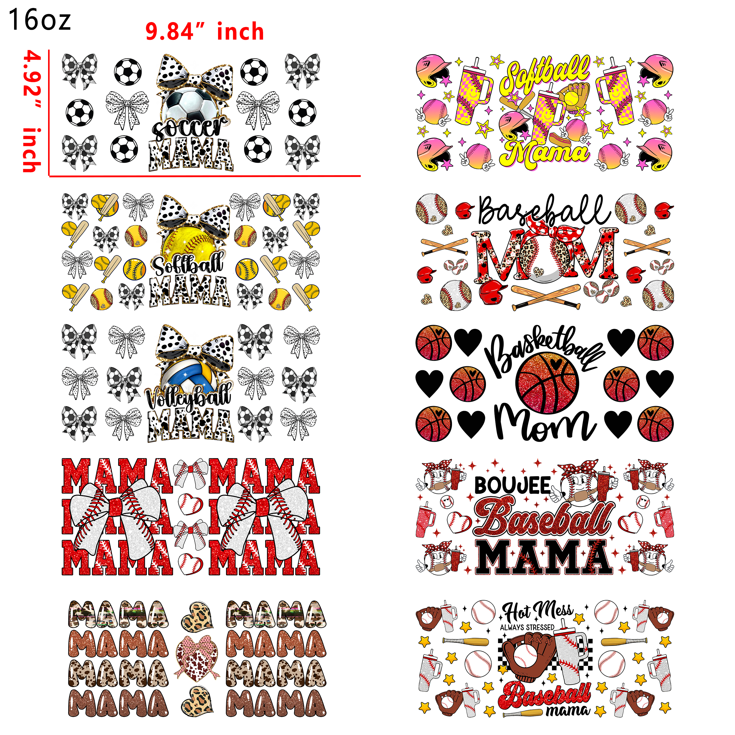 20 PCS Sports Mama Mom DTF Cup wraps 16OZ tumbler water proof