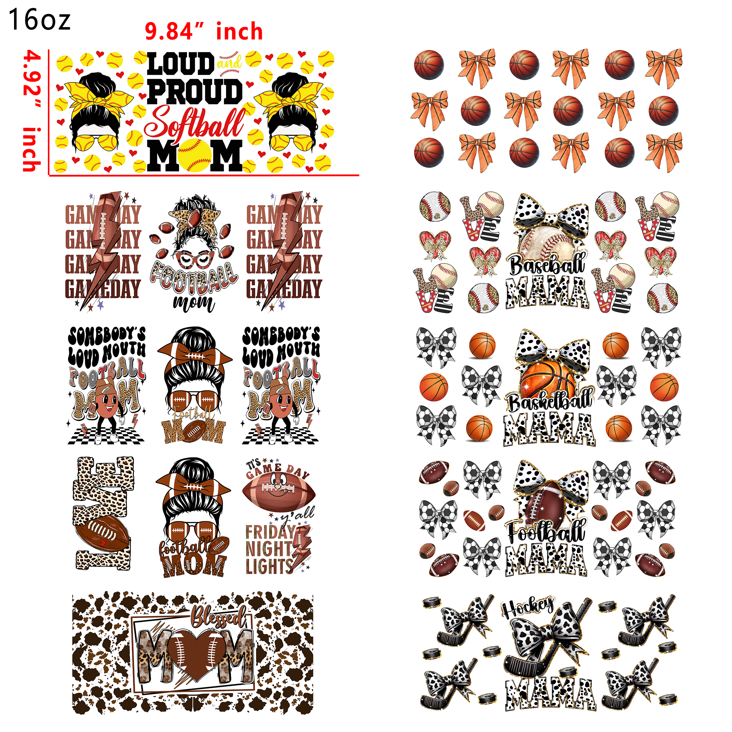 20 PCS Sports Mama Mom DTF Cup wraps 16OZ tumbler water proof