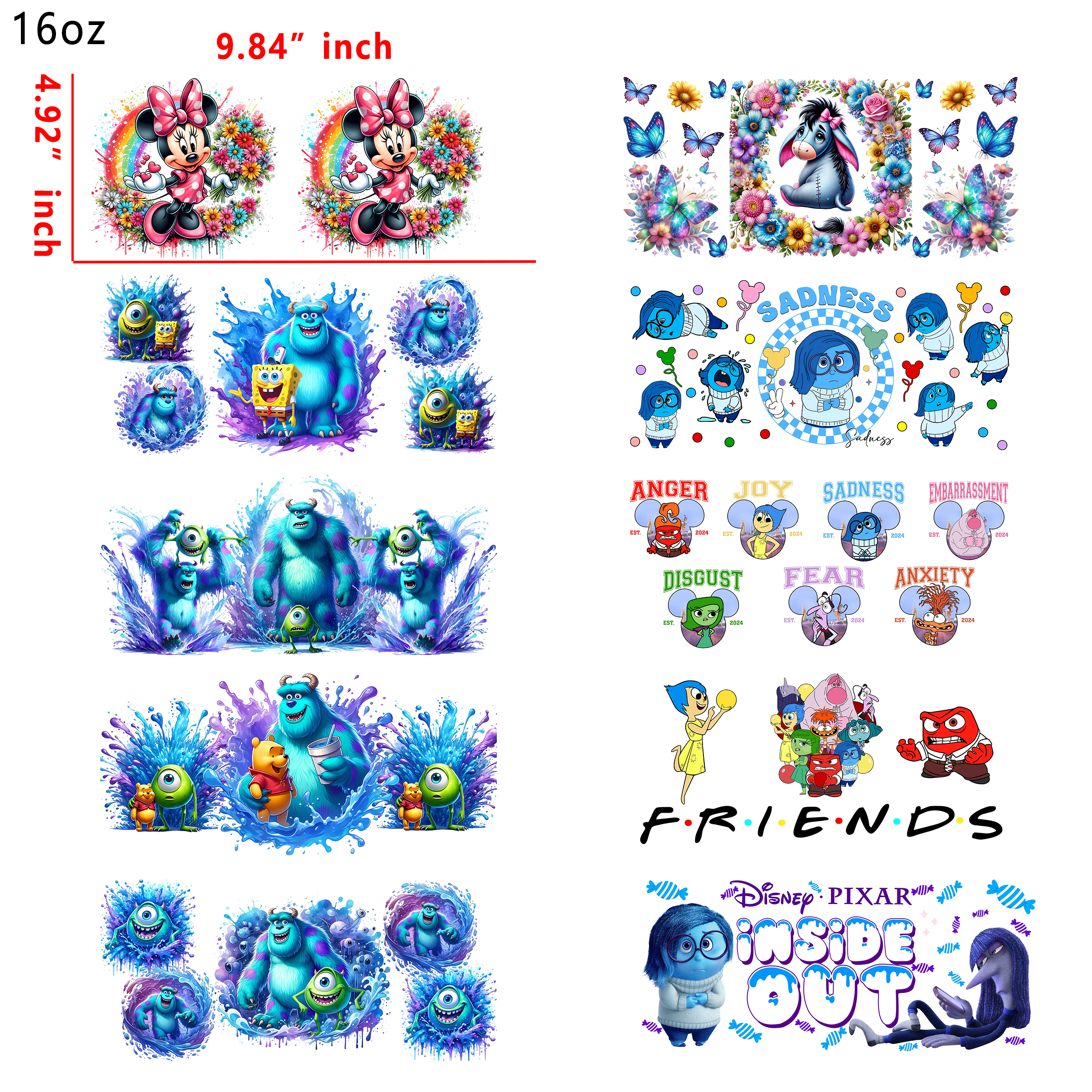 20 PCS Disney Mixed DTF Cup wraps 16OZ tumbler water proof