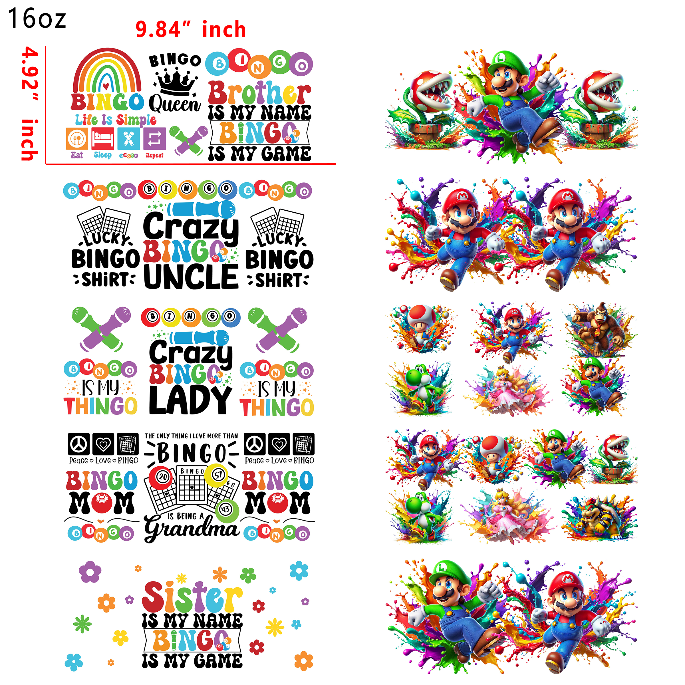 20 PCS Mario Kirby Game DTF Cup wraps 16OZ tumbler water proof
