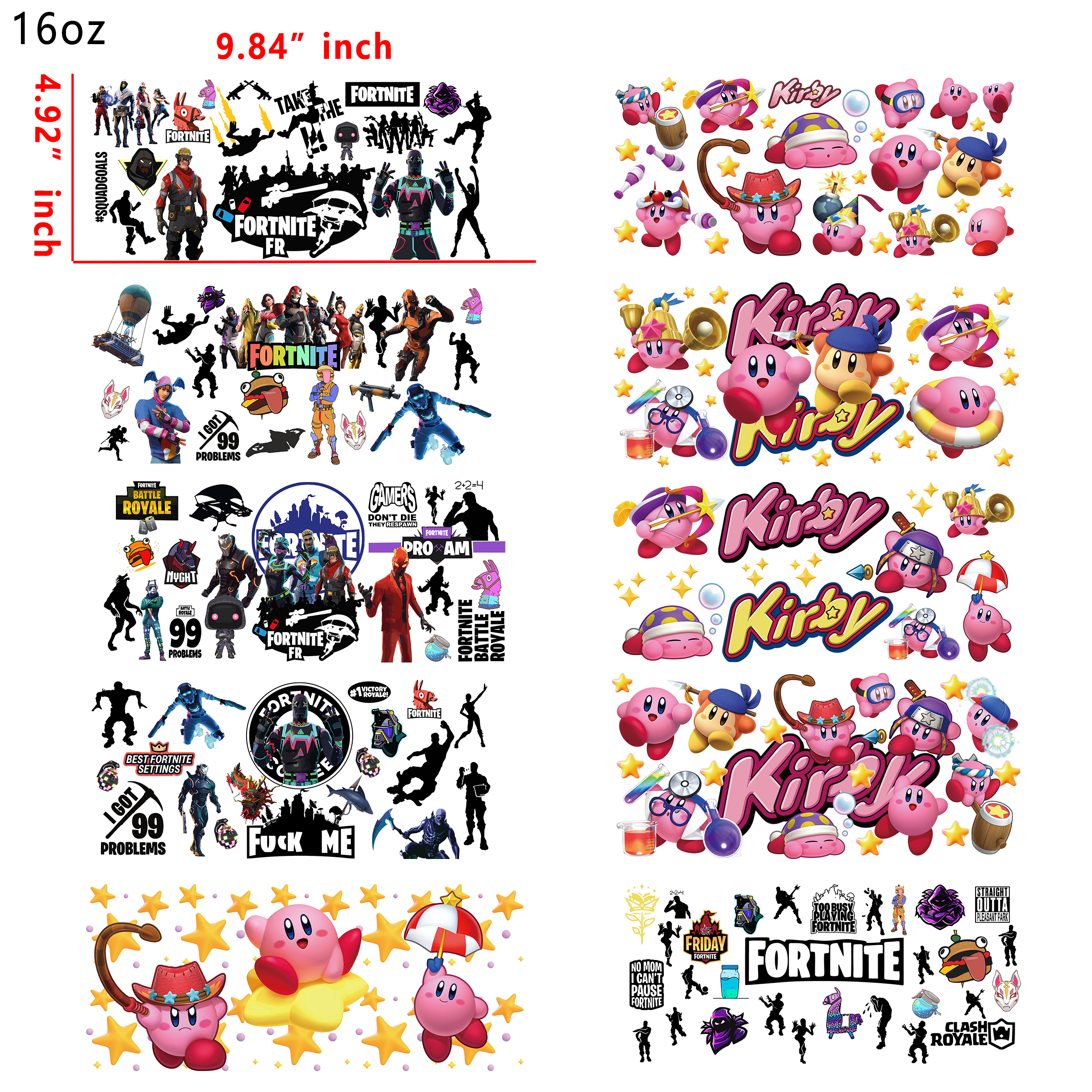 20 PCS Mario Kirby Game DTF Cup wraps 16OZ tumbler water proof