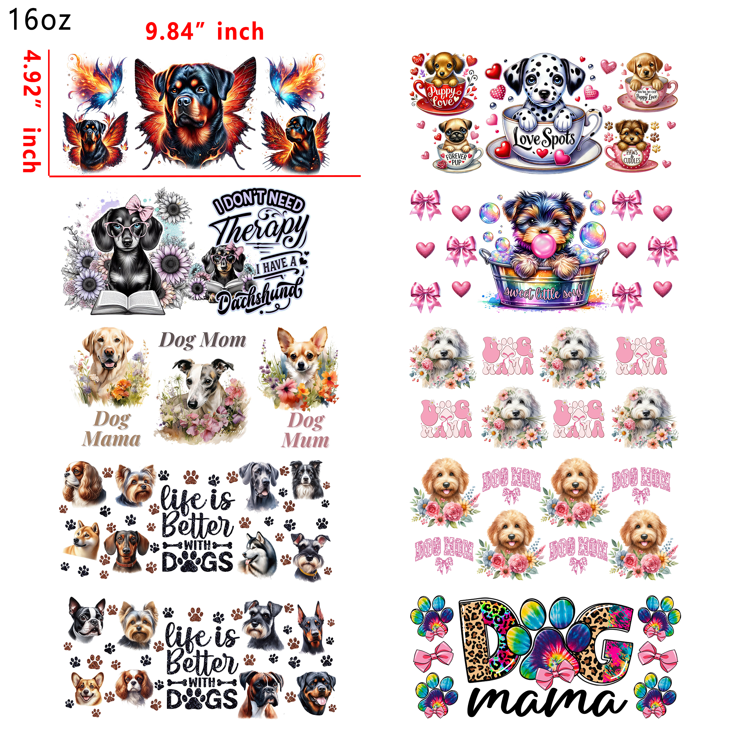 20 PCS Dog Mama Mom Animal DTF Cup wraps 16OZ tumbler water proof
