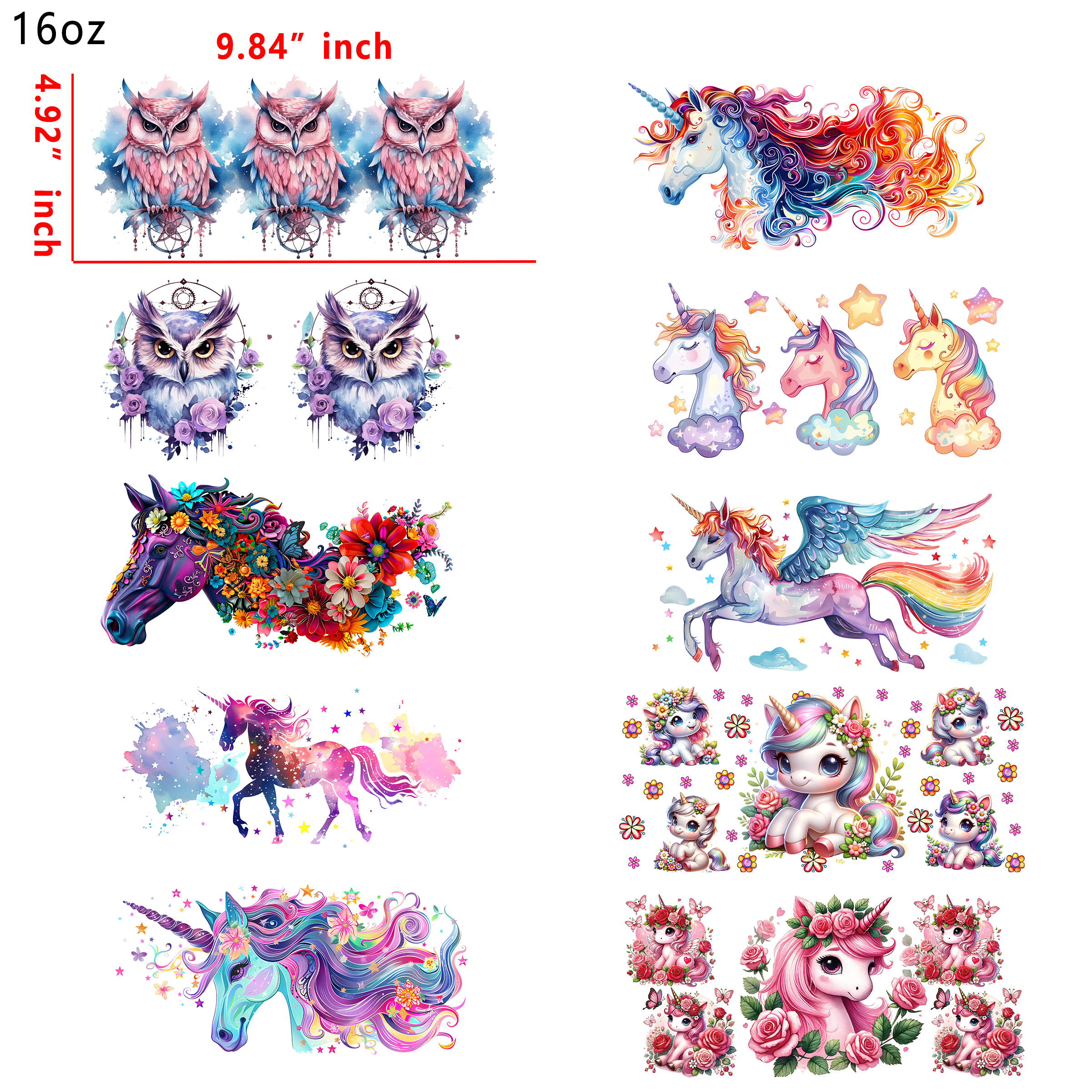 20 PCS Dragon Unicorn Animal DTF Cup wraps 16OZ tumbler water proof