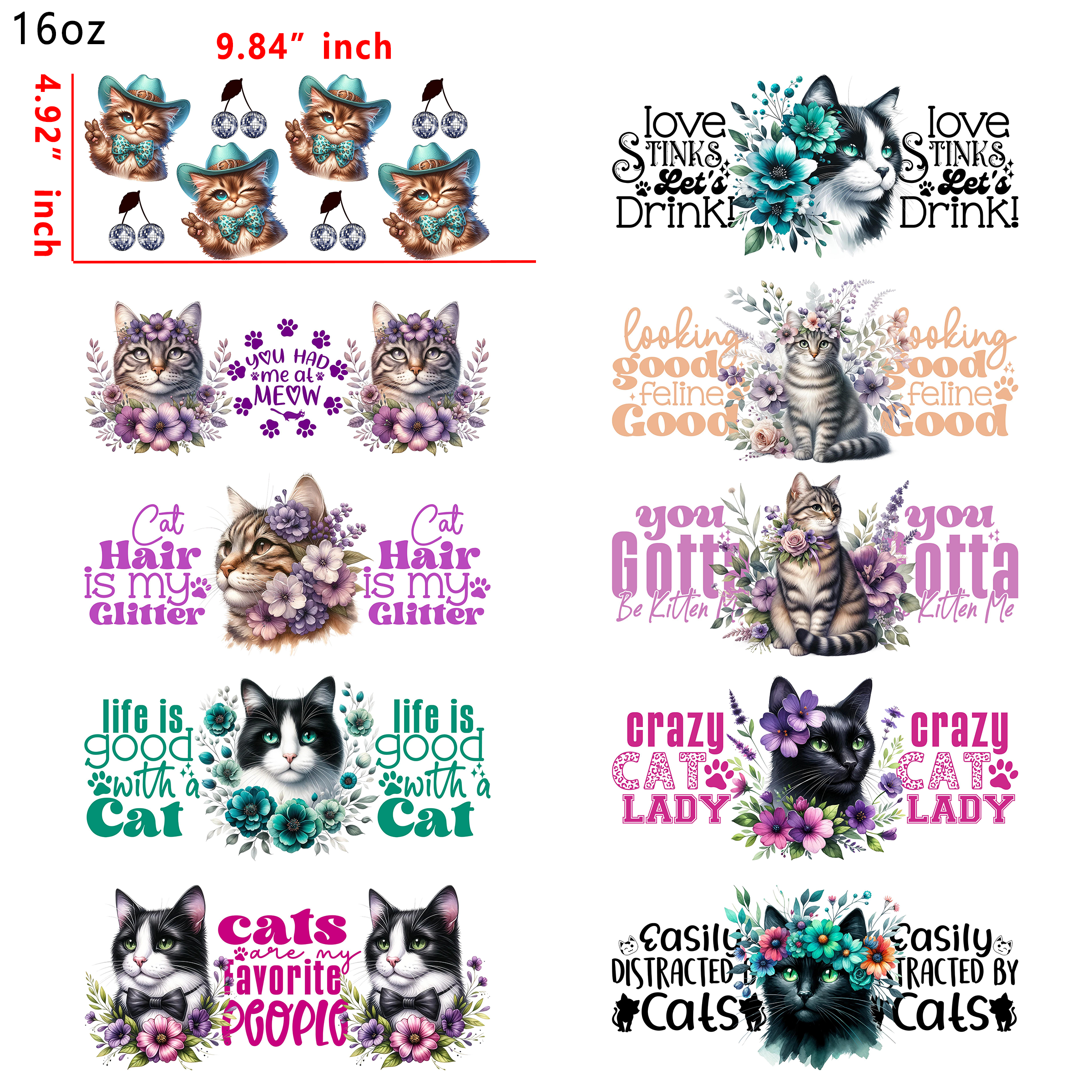 20 PCS Cute Cat Animal  DTF Cup wraps 16OZ tumbler water proof