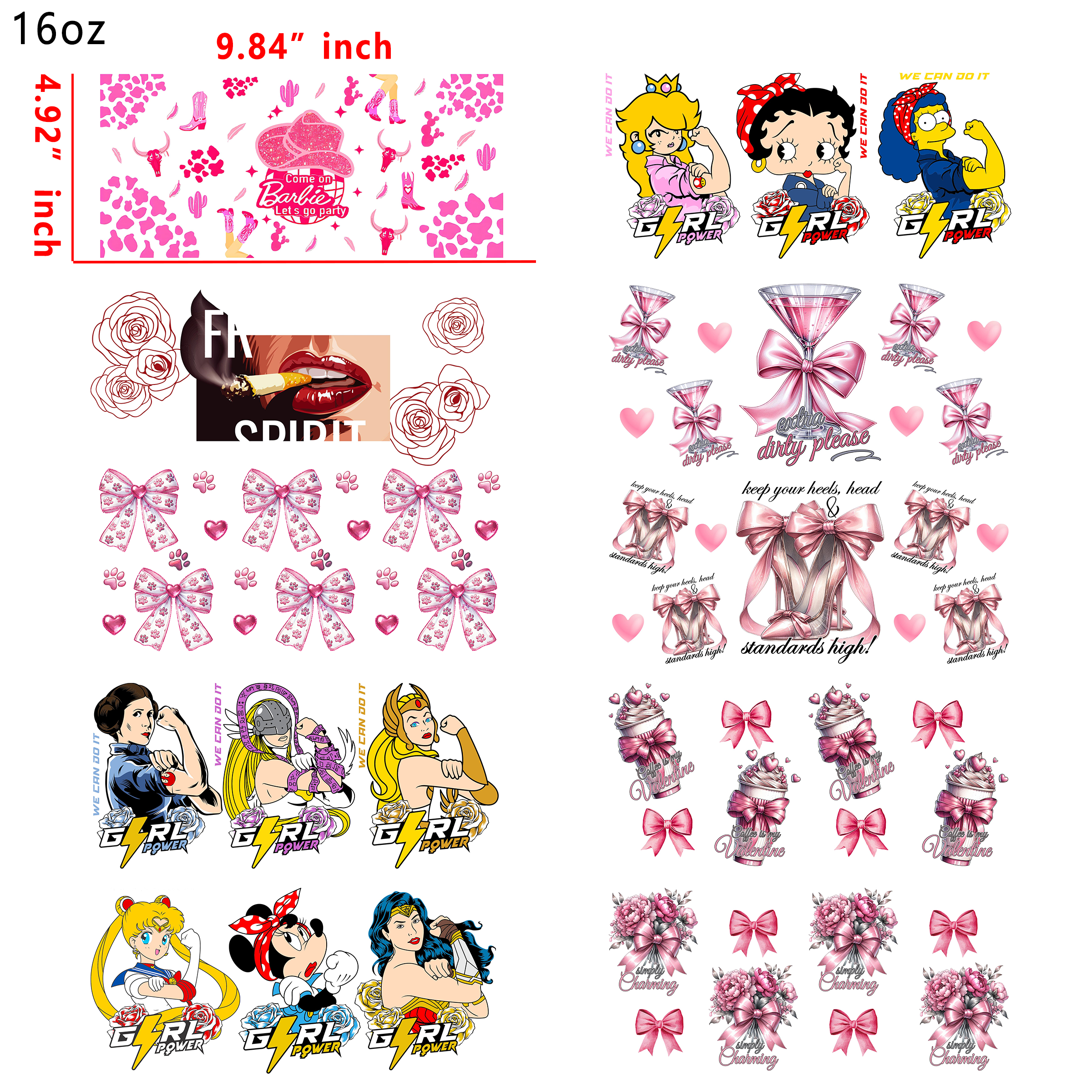 20 PCS Pink Barbie Girl DTF Cup wraps 16OZ tumbler water proof