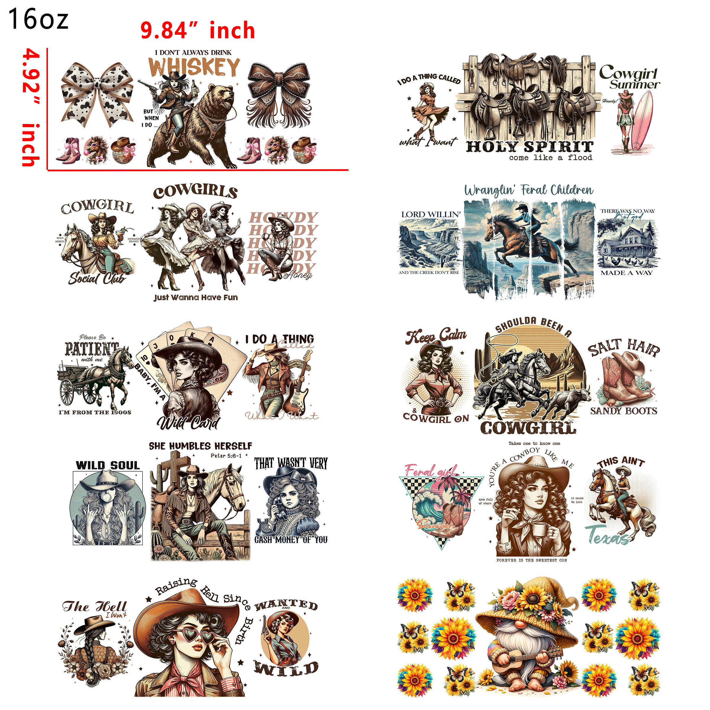 20 PCS Western Cowgirls DTF Cup wraps 16OZ tumbler water proof