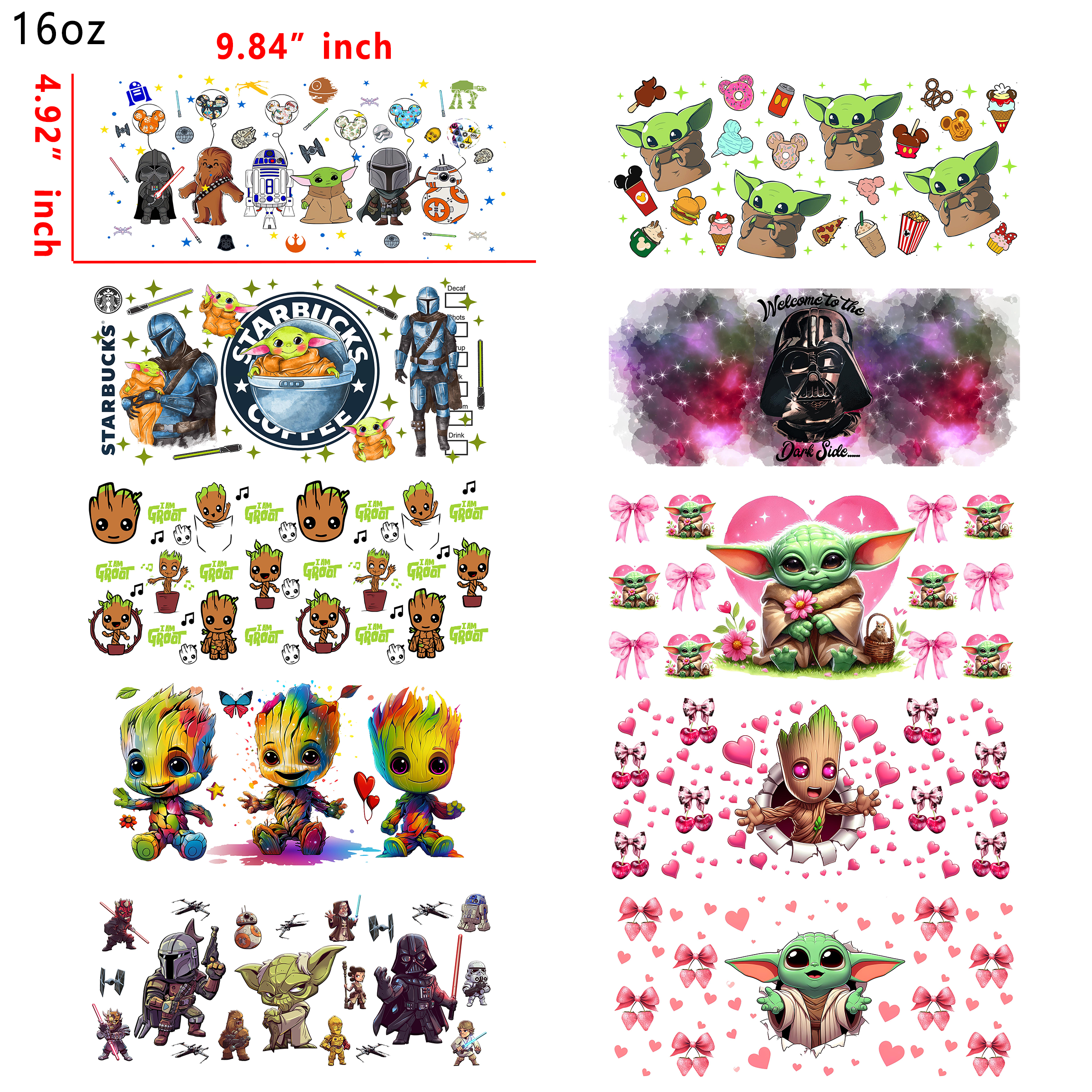 20 PCS Yoda Groot Movie DTF Cup wraps 16OZ tumbler water proof