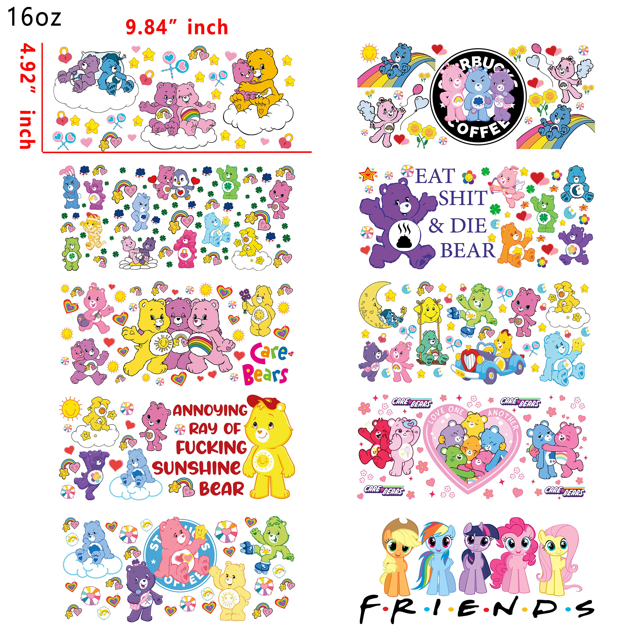 20 PCS Shortcake Carebear Cartoon DTF Cup wraps 16OZ tumbler water proof