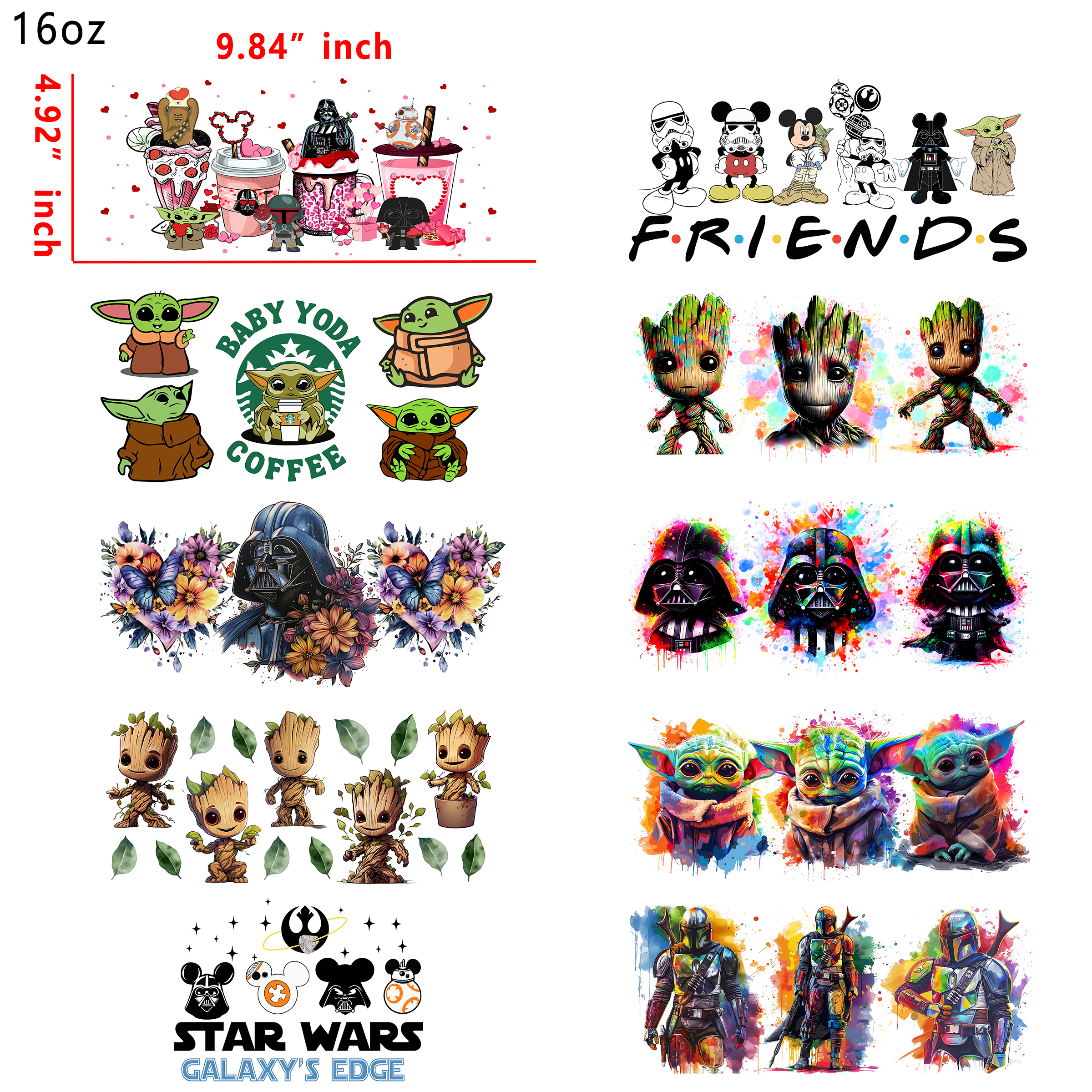 20 PCS Yoda Groot Movie DTF Cup wraps 16OZ tumbler water proof