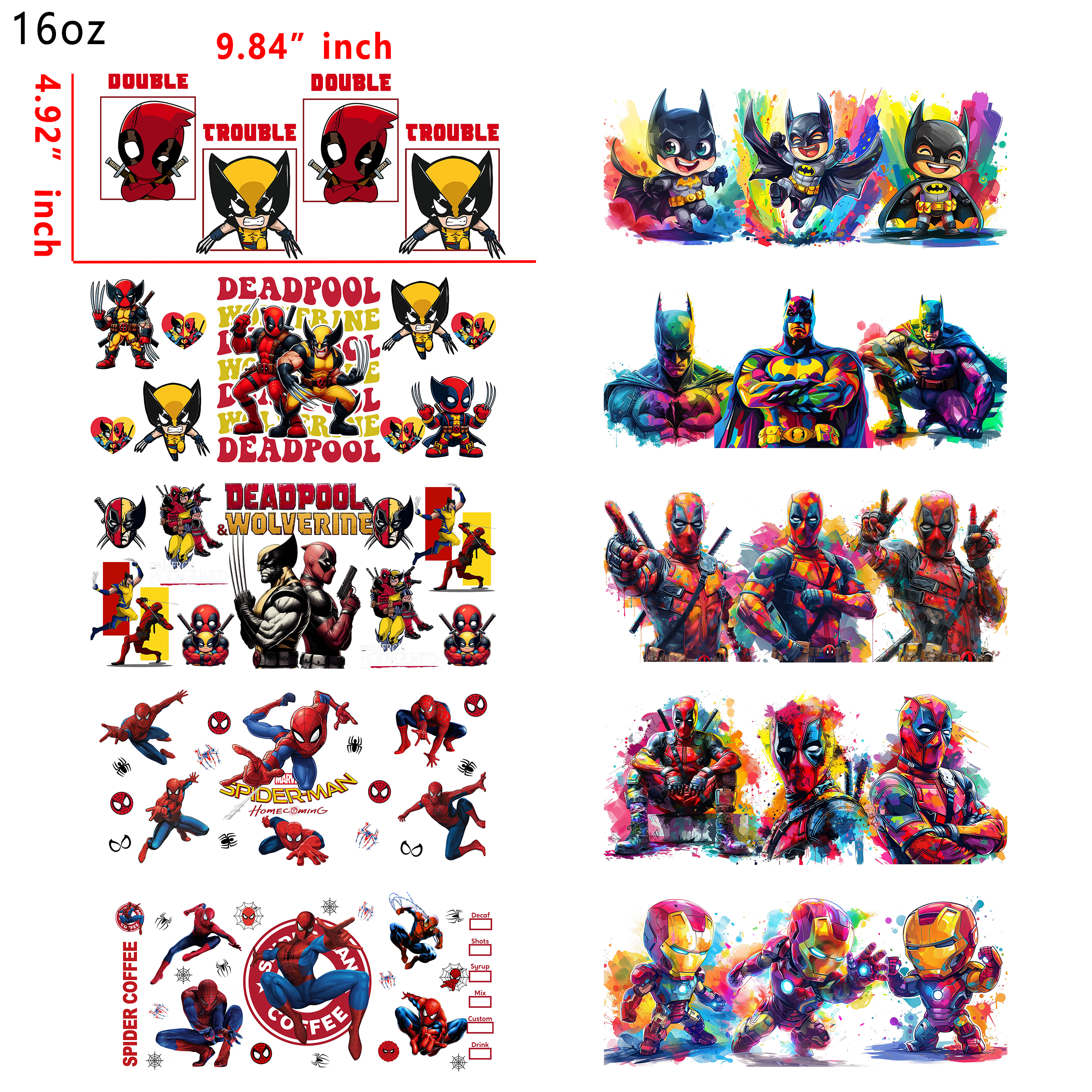 20 PCS Marvel DC Spiderman Deadpool Movie DTF Cup wraps 16OZ tumbler water proof