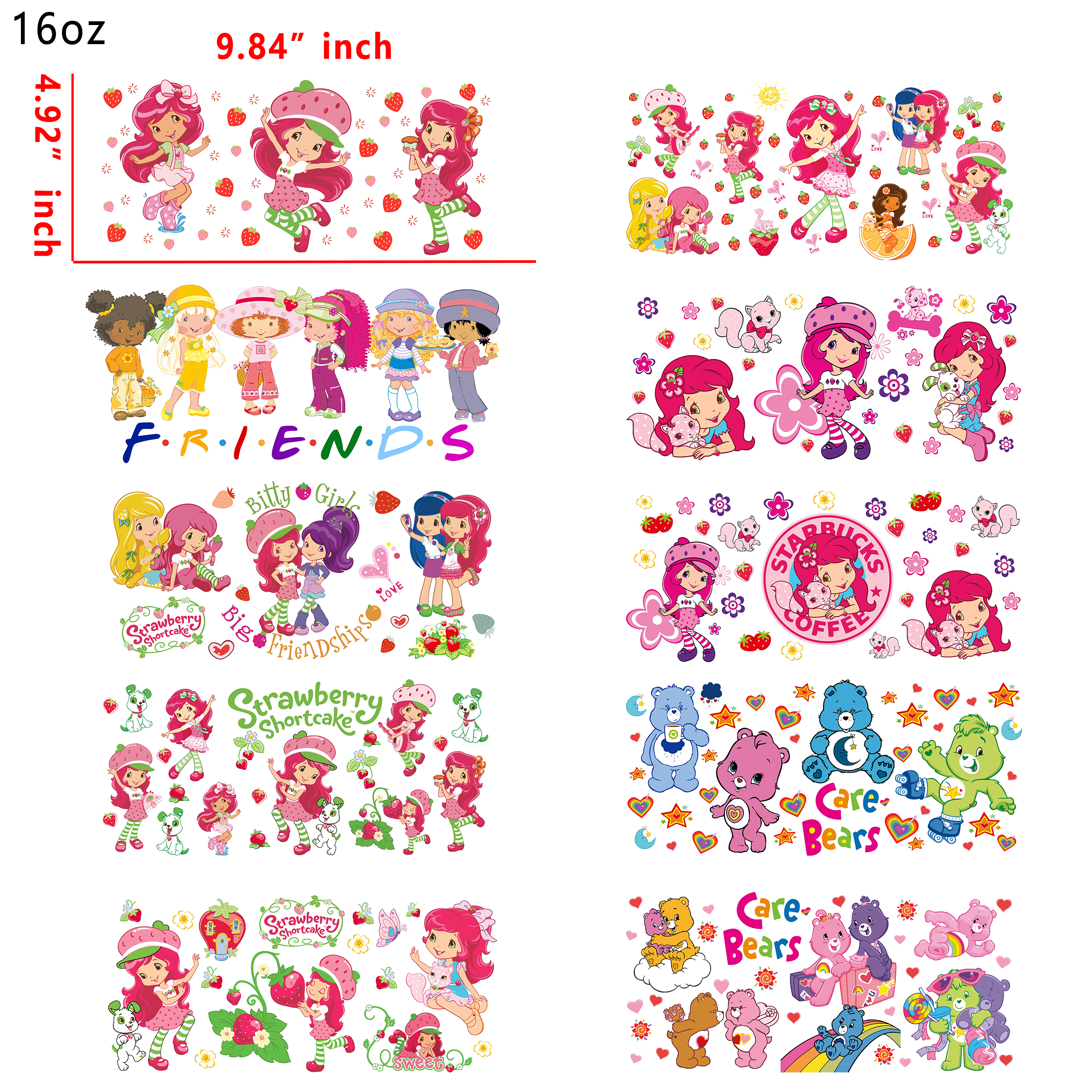 20 PCS Shortcake Carebear Cartoon DTF Cup wraps 16OZ tumbler water proof