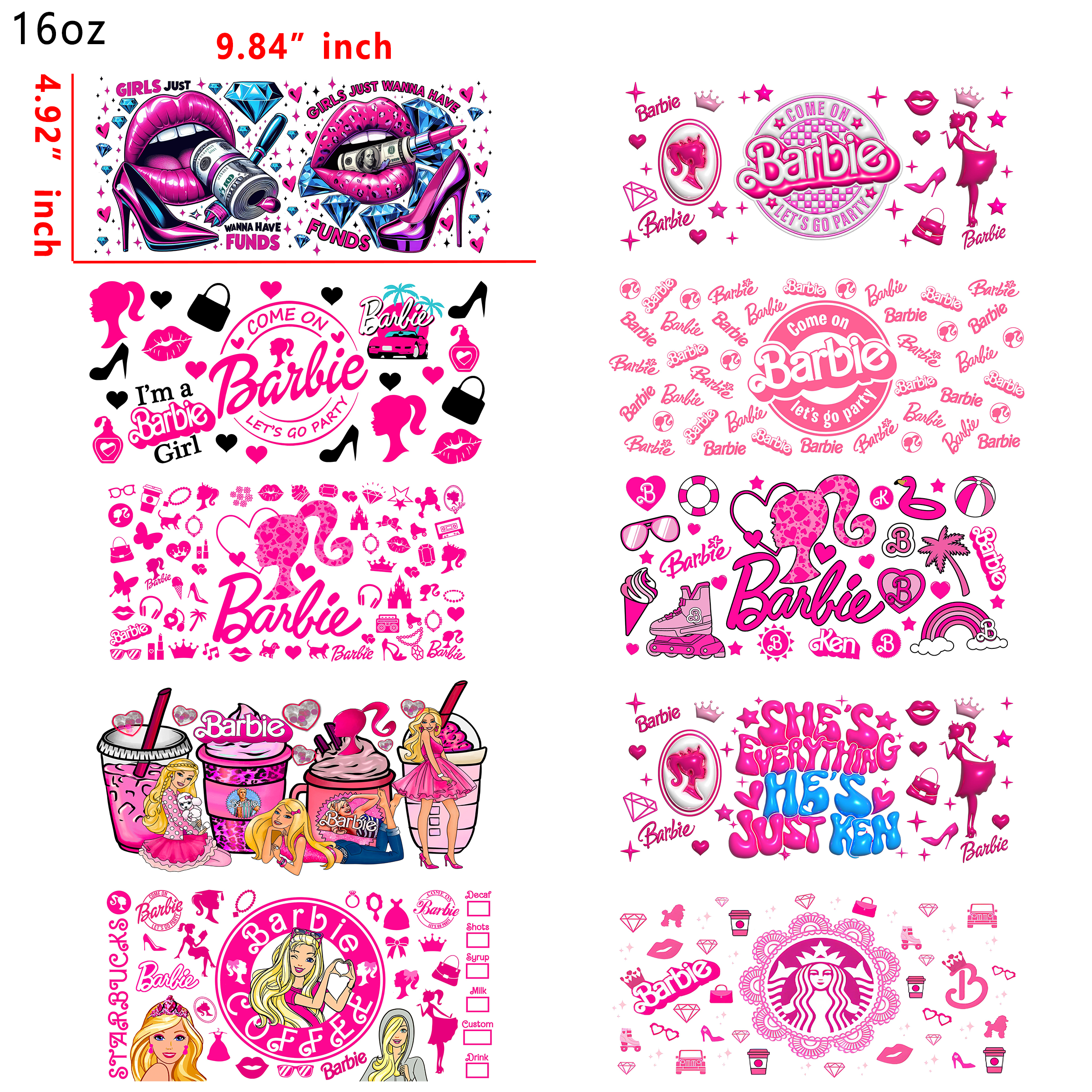 20 PCS Pink Barbie Girl DTF Cup wraps 16OZ tumbler water proof