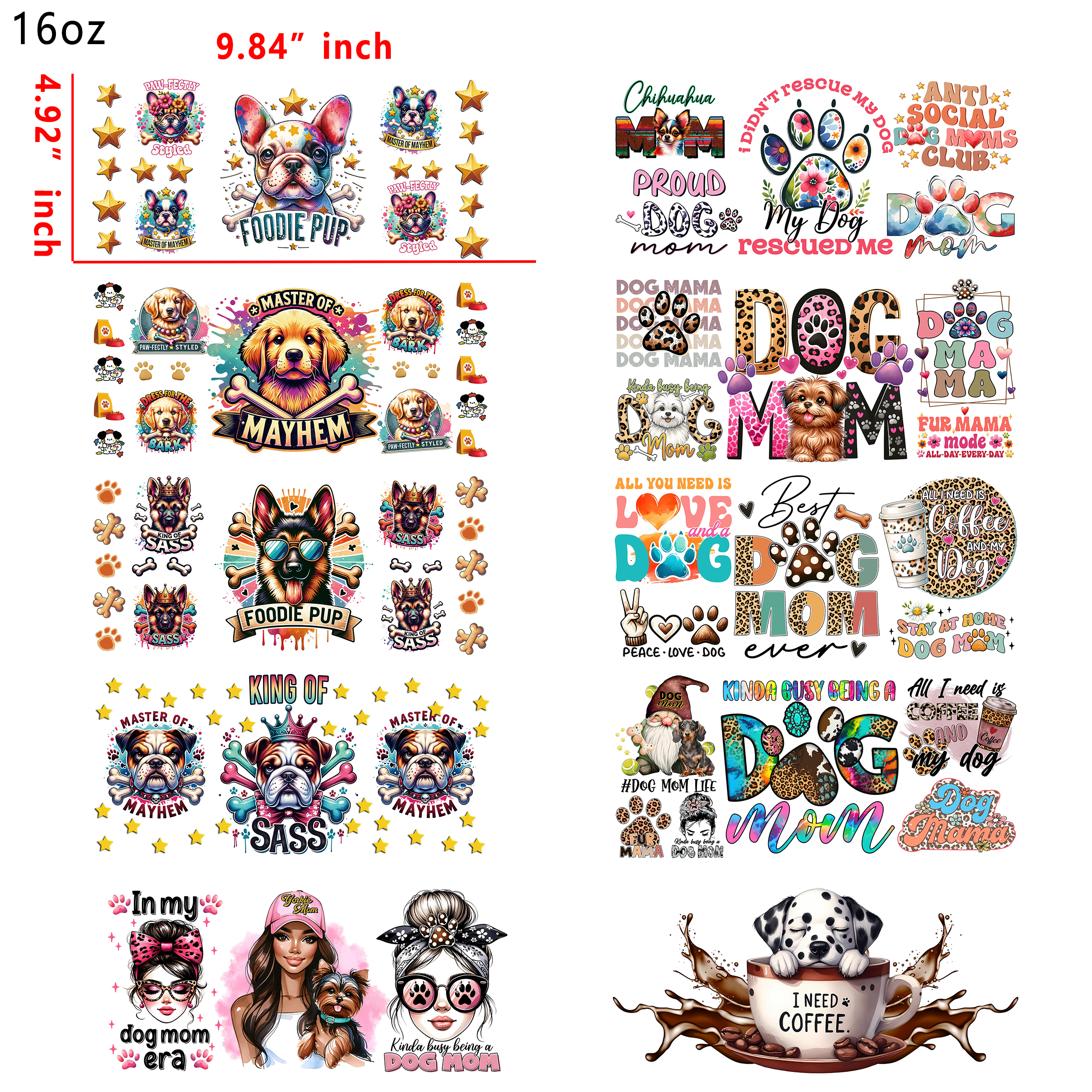20 PCS Dog Mama Mom Animal DTF Cup wraps 16OZ tumbler water proof