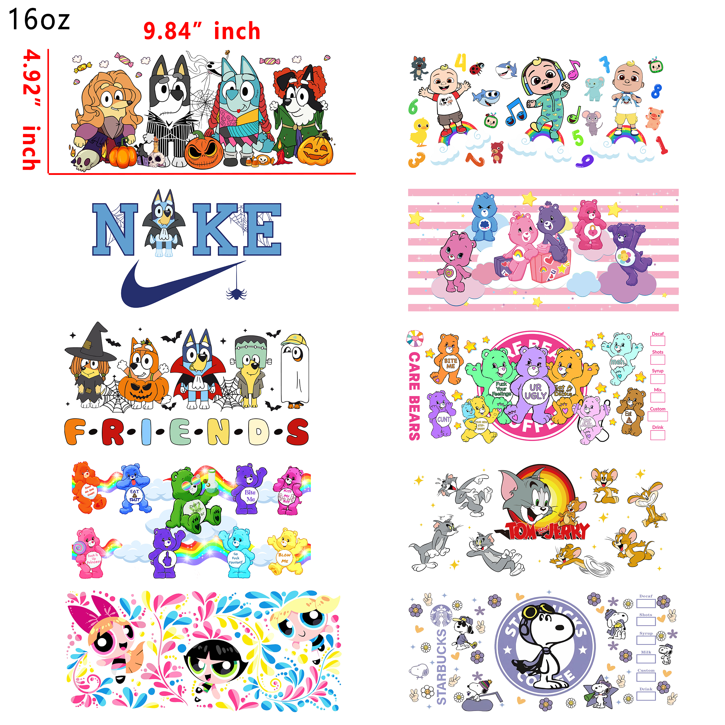 20 PCS 90s Cartoon Mixed DTF Cup wraps 16OZ tumbler water proof
