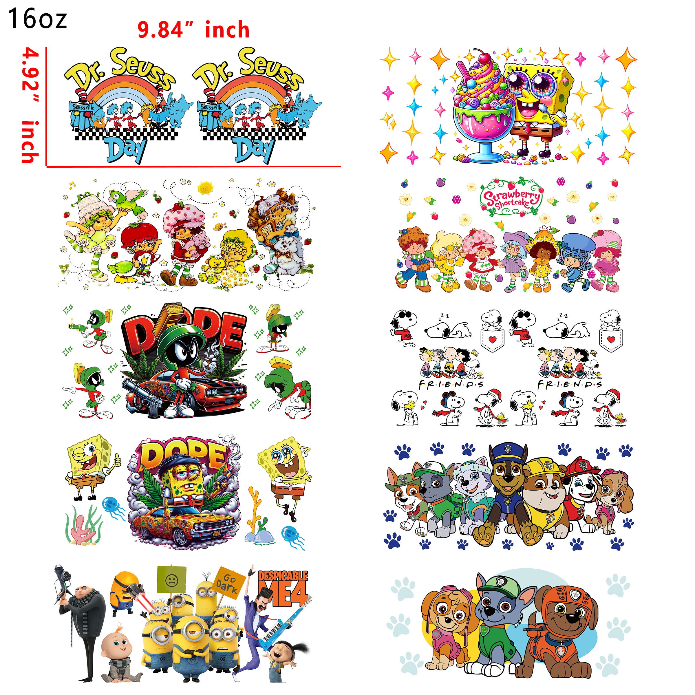 20 PCS 90s Cartoon Mixed DTF Cup wraps 16OZ tumbler water proof