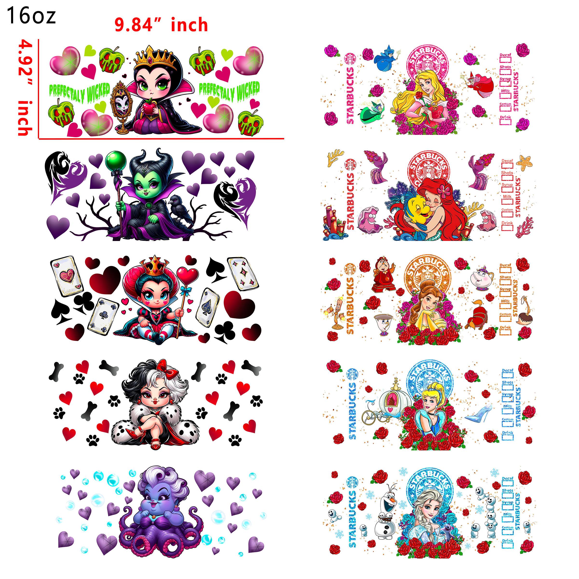 20 PCS Disney Princess Villains DTF Cup wraps 16OZ tumbler water proof