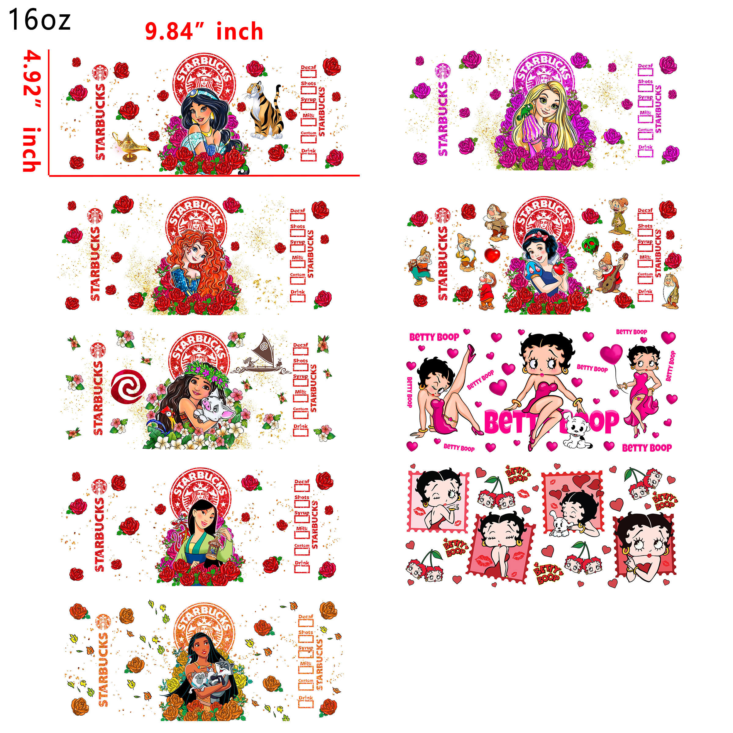 20 PCS Disney Princess Villains DTF Cup wraps 16OZ tumbler water proof