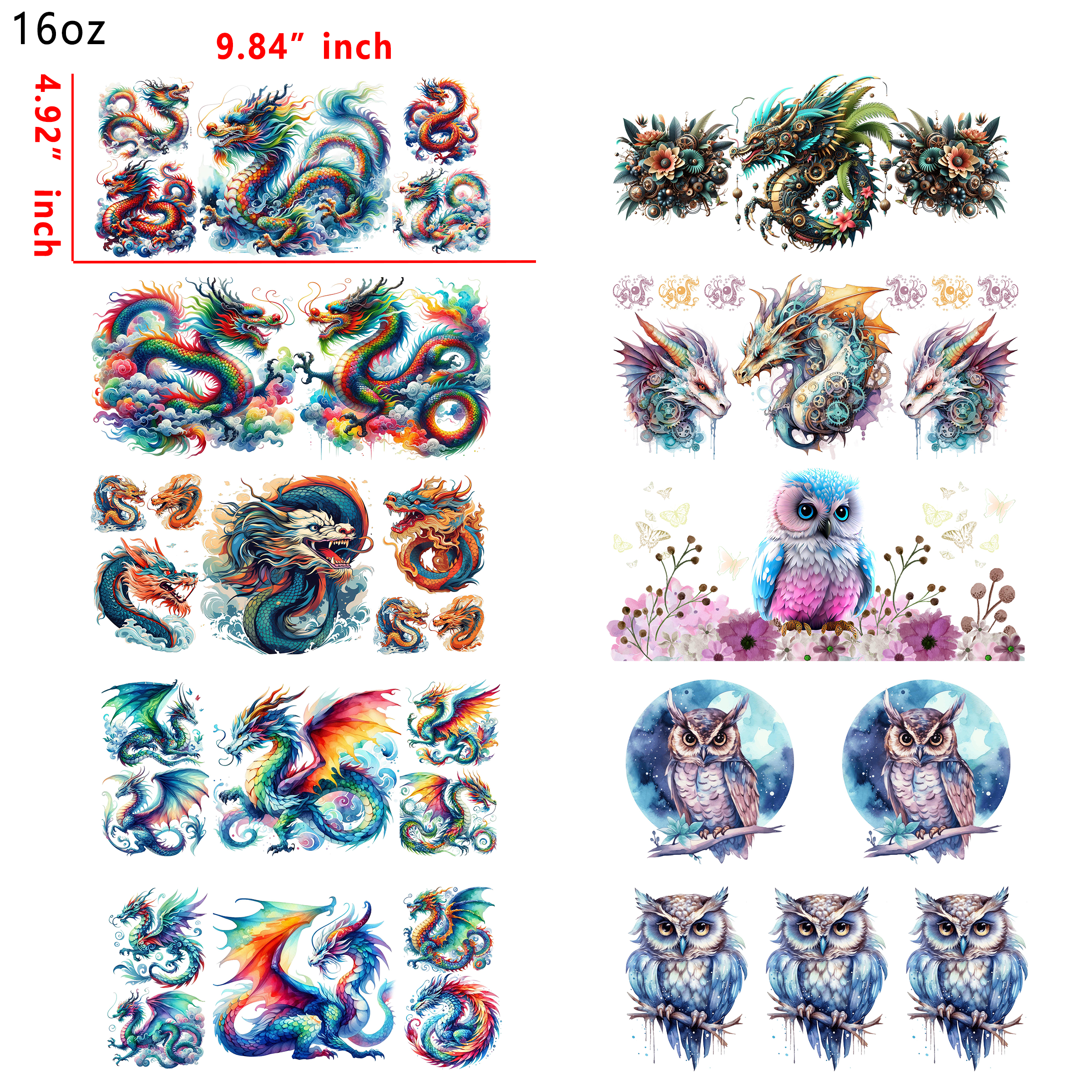 20 PCS Dragon Unicorn Animal DTF Cup wraps 16OZ tumbler water proof